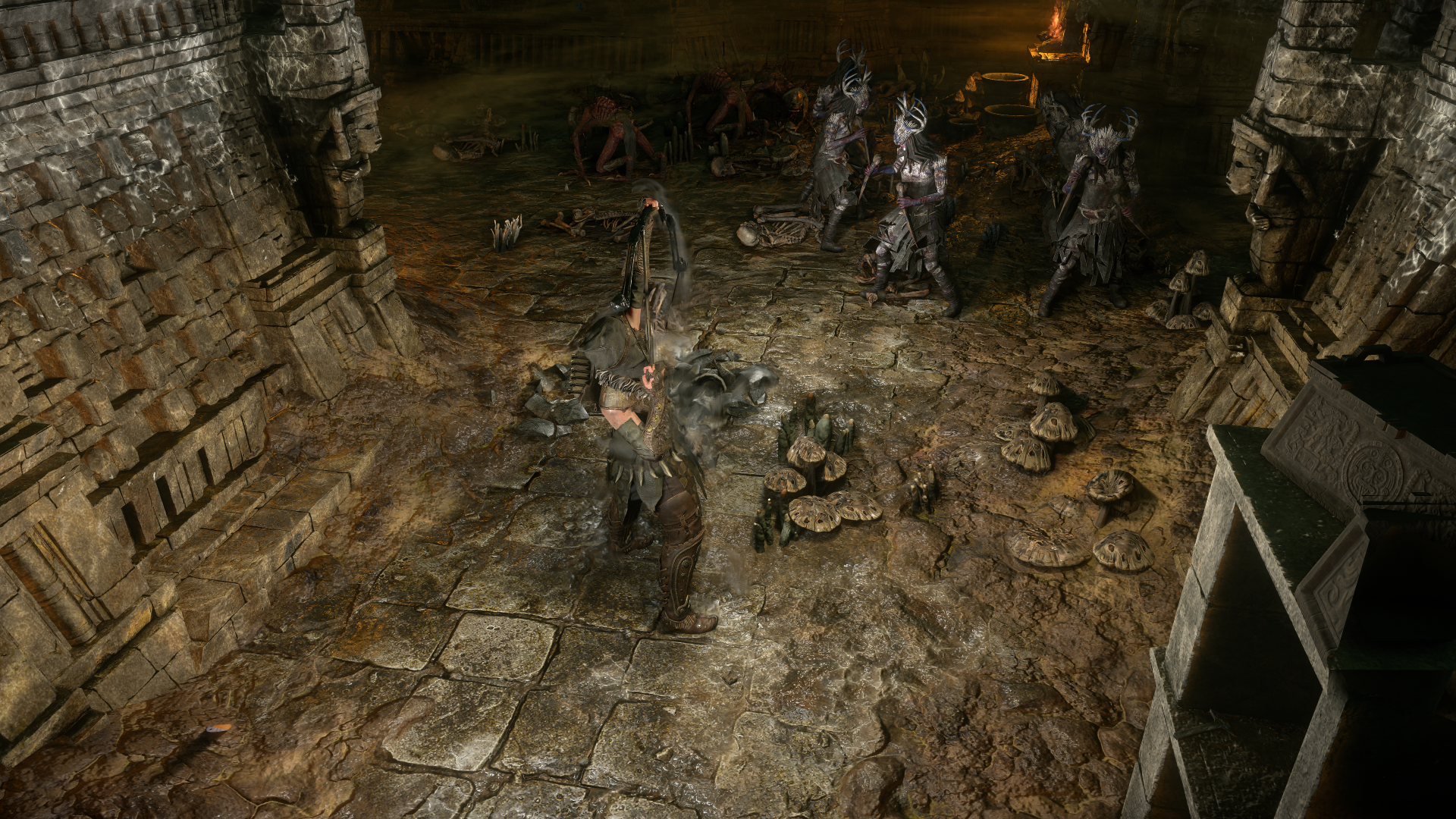 A dramatic scene from the video game Dragon Age: The Veilguard, showcasing a character battling in an ancient, dimly lit environment filled with ruins and dark figures. 4K Ultra HD quality.