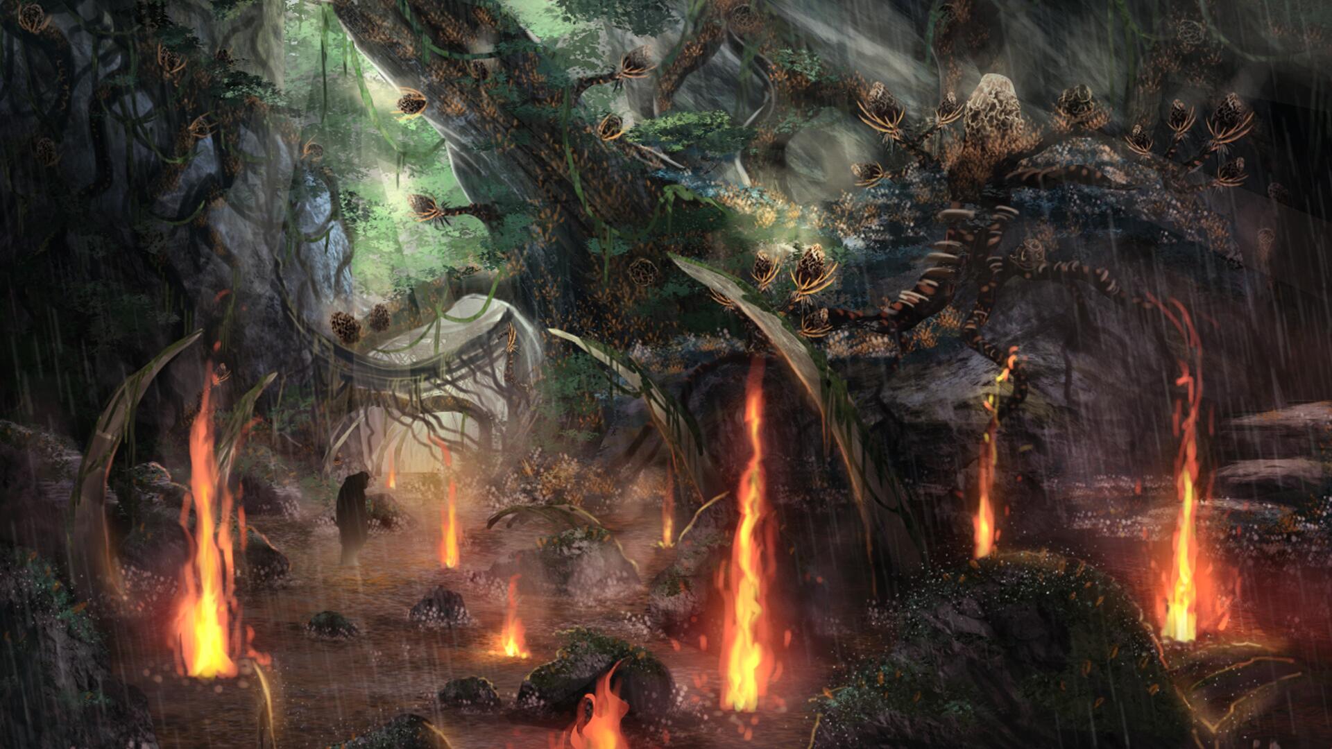 A vibrant 4K Ultra HD wallpaper from Pantheon: Rise of the Fallen, depicting a mystical landscape with glowing flames and intricate, lush vegetation.