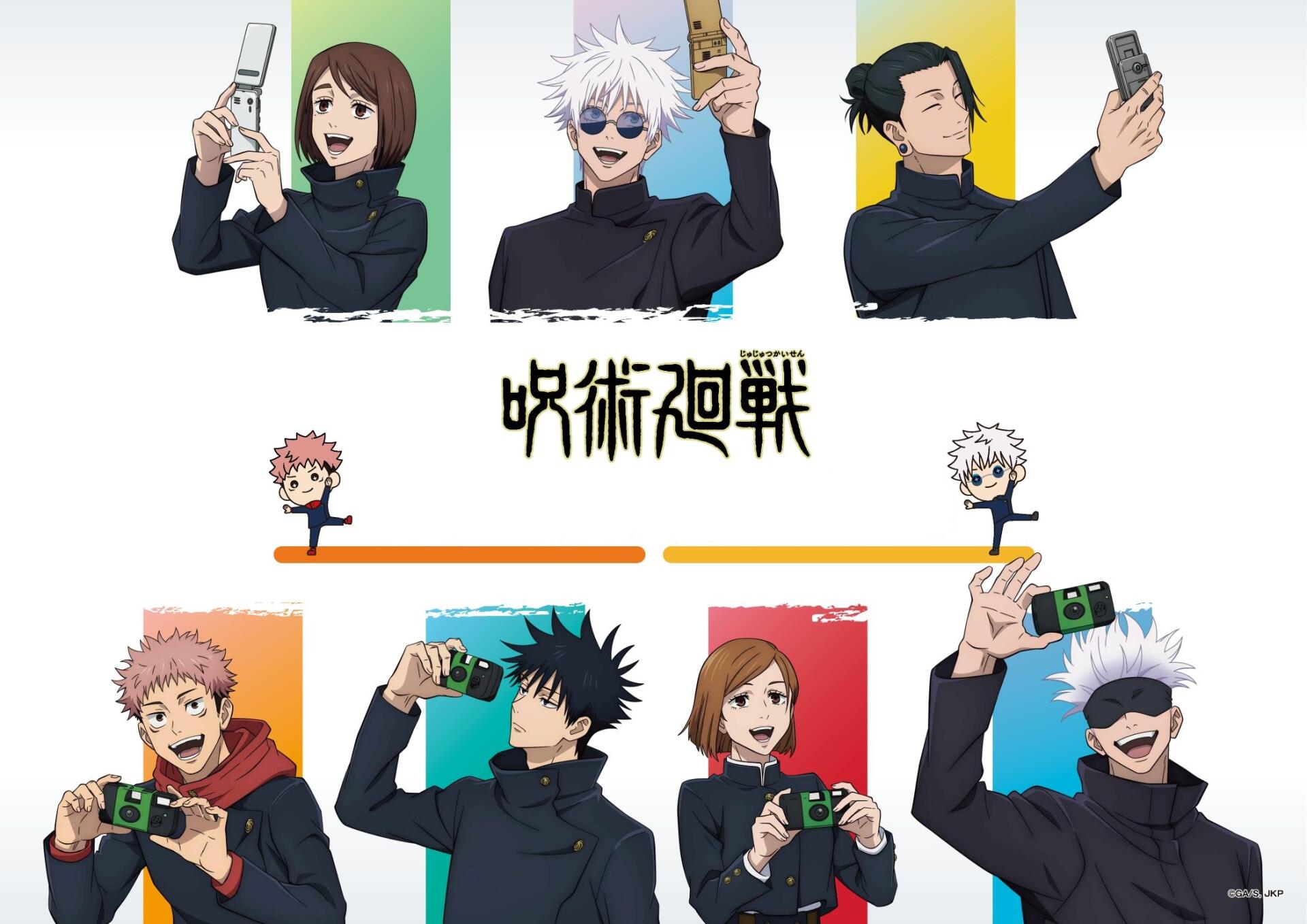 Anime HD PC desktop wallpaper featuring Jujutsu Kaisen characters posing with cameras against colorful backgrounds, showcasing dynamic expressions and signature styles.