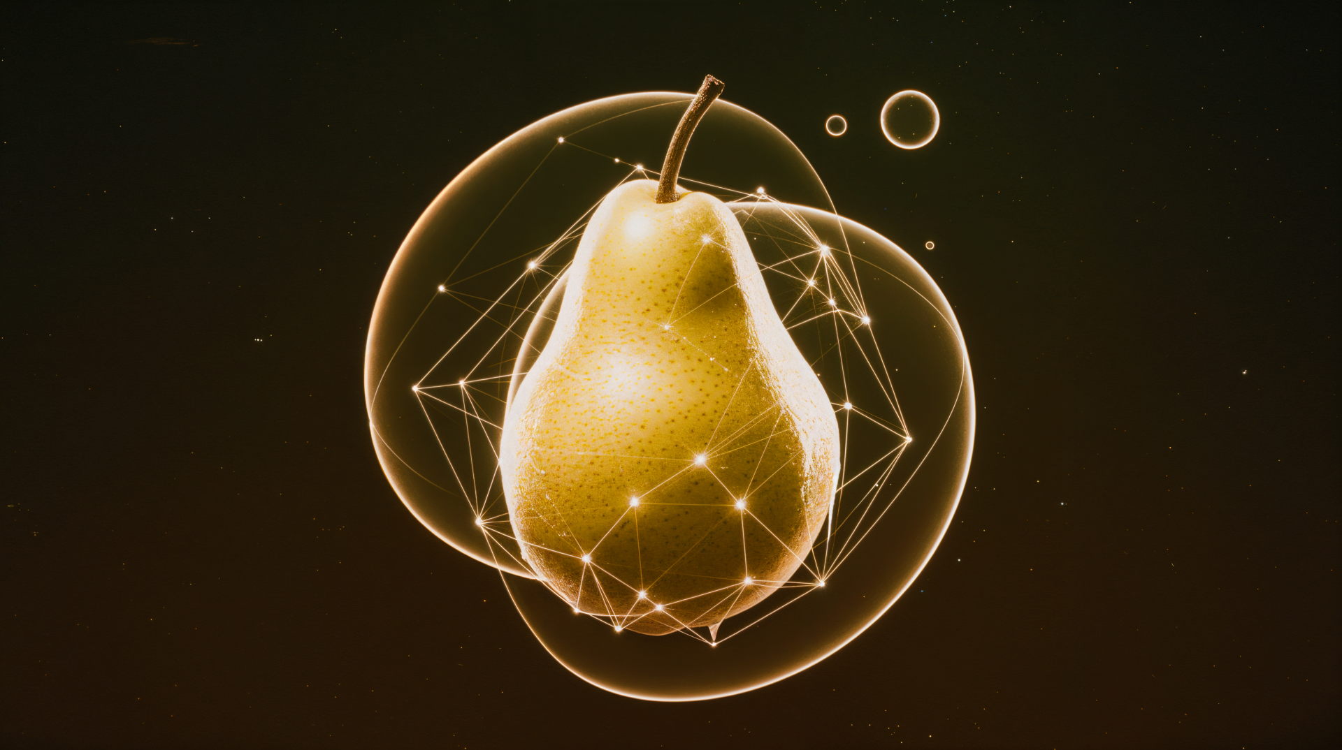 A vibrant pear is showcased in this 4K Ultra HD PC desktop wallpaper, surrounded by geometric shapes and glowing bubbles, creating a modern and artistic visual.