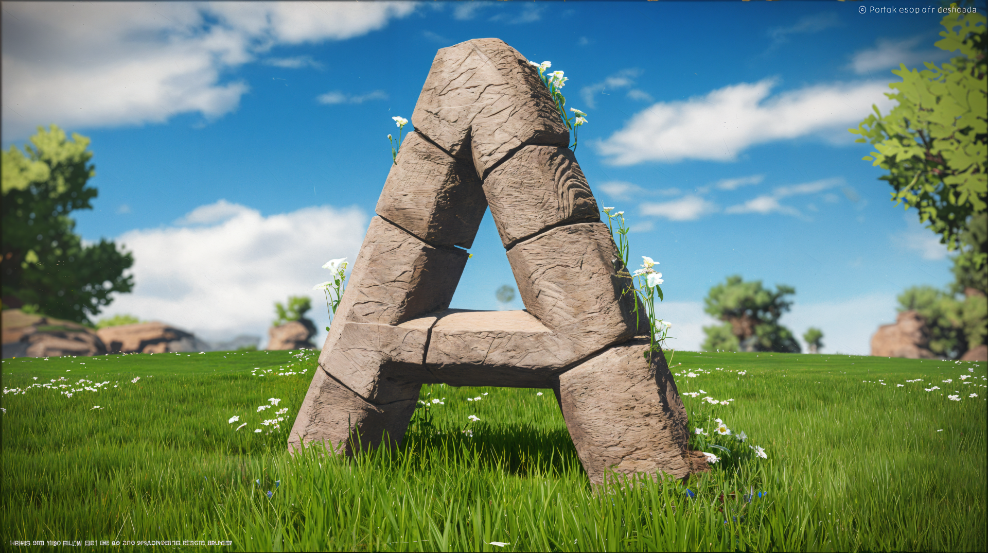 A 4K Ultra HD desktop wallpaper featuring a large, stone letter A surrounded by lush green grass and blooming flowers under a bright blue sky.