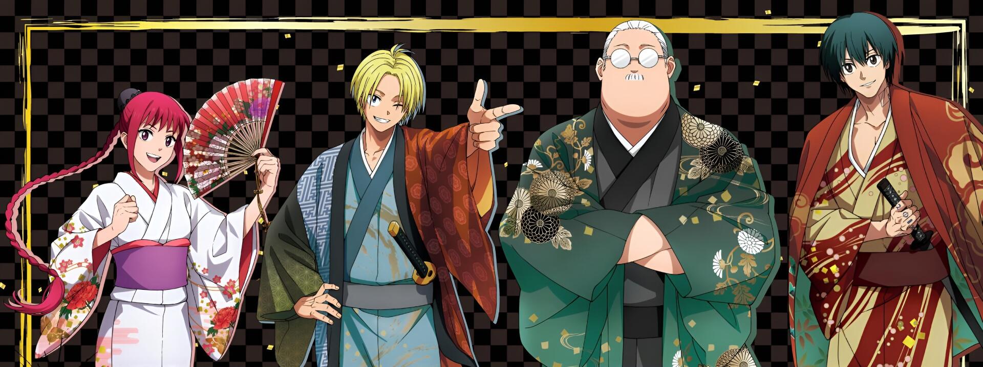Anime Sakamoto Days HD PC desktop wallpaper/background showing two kimono-clad characters: a blond young man pointing and smiling, and a large bespectacled man with arms crossed against a checkered backdrop.