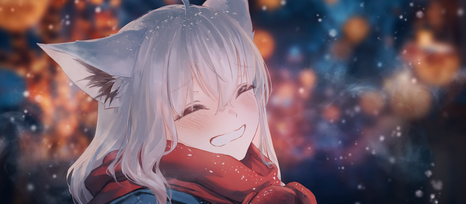 HD PC desktop wallpaper featuring Shirakami Fubuki, a smiling anime girl and virtual YouTuber from Hololive, against a softly blurred, colorful background.