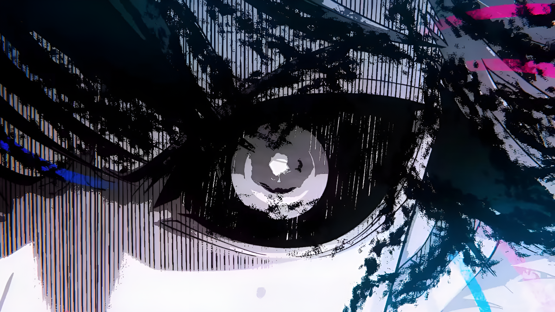 HD wallpaper featuring a close-up of Isagi Yoichi's intense eye from the anime Blue Lock, surrounded by dynamic colors and abstract patterns. Perfect for anime fans.