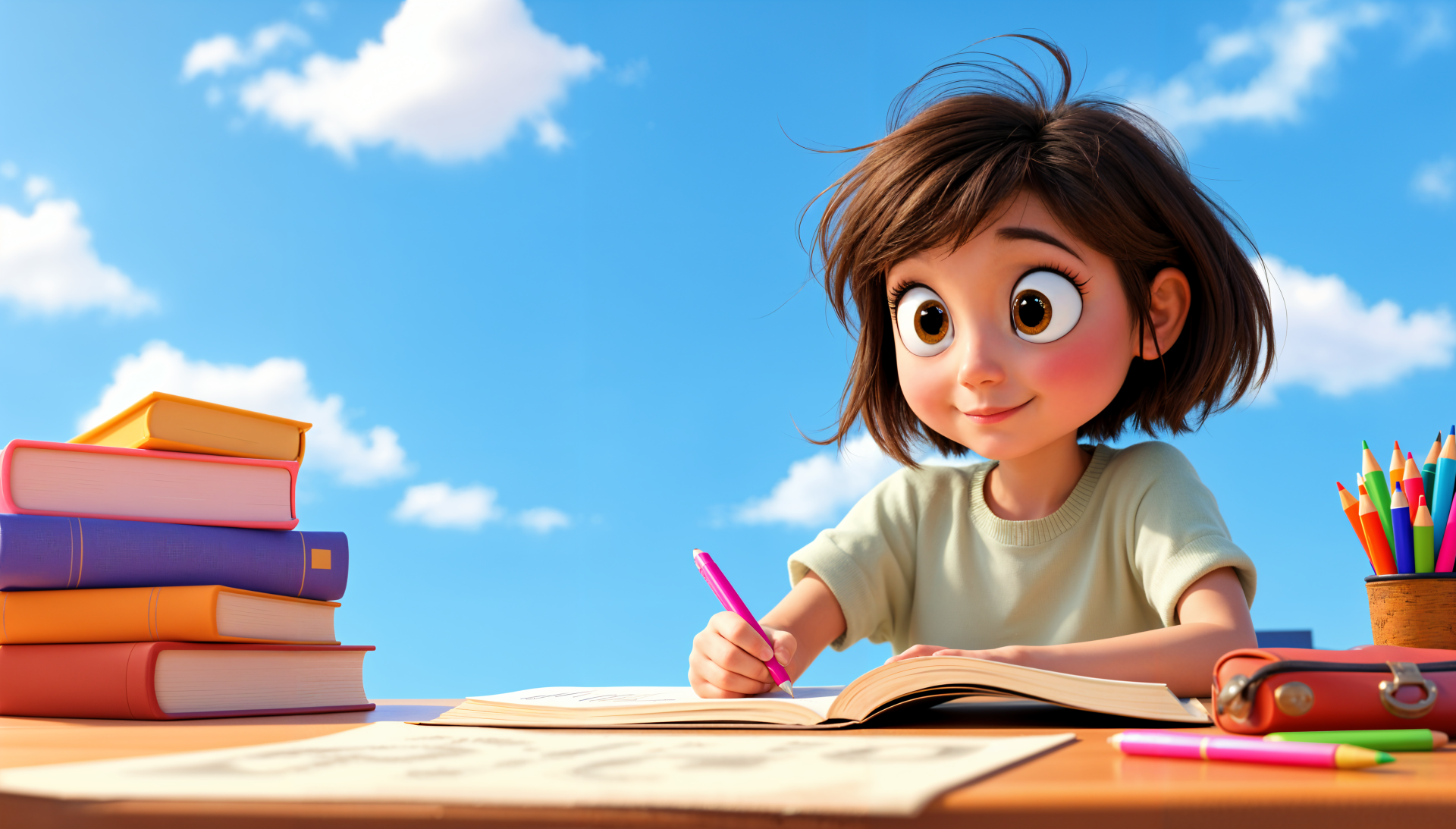 A cheerful child with short brown hair writes in an open book at a desk, surrounded by colorful pencils and stacks of books, under a bright blue sky. 4K Ultra HD wallpaper.