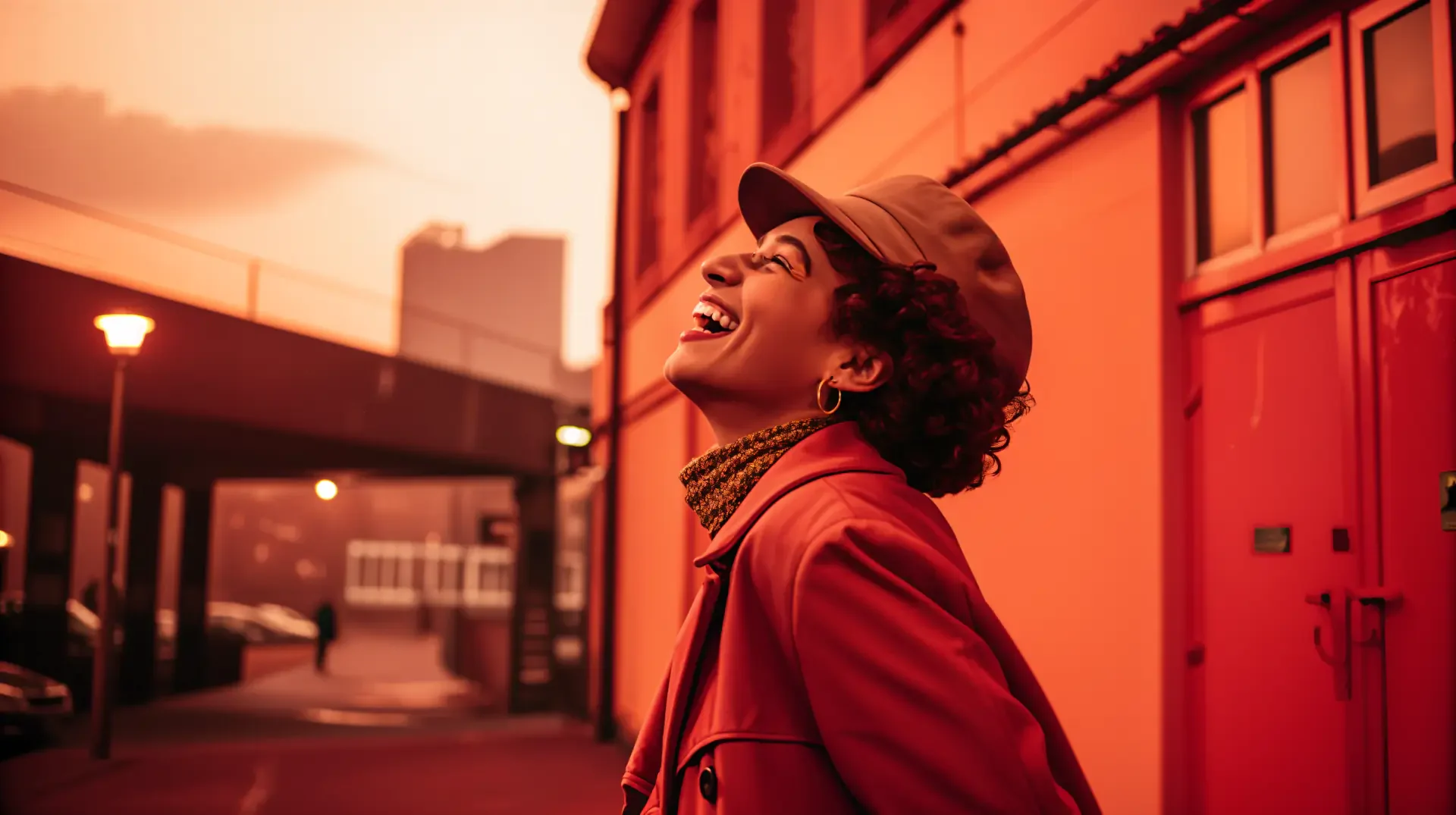 A vibrant 4K Ultra HD portrait of a person laughing joyfully in an urban setting, capturing genuine laughter with warm, orange-toned lighting.