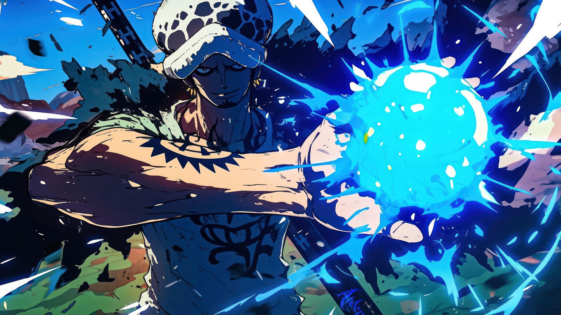 Vibrant 4K Ultra HD desktop wallpaper featuring Trafalgar Law from One Piece, unleashing a powerful blue energy attack with dynamic lighting and intense action.