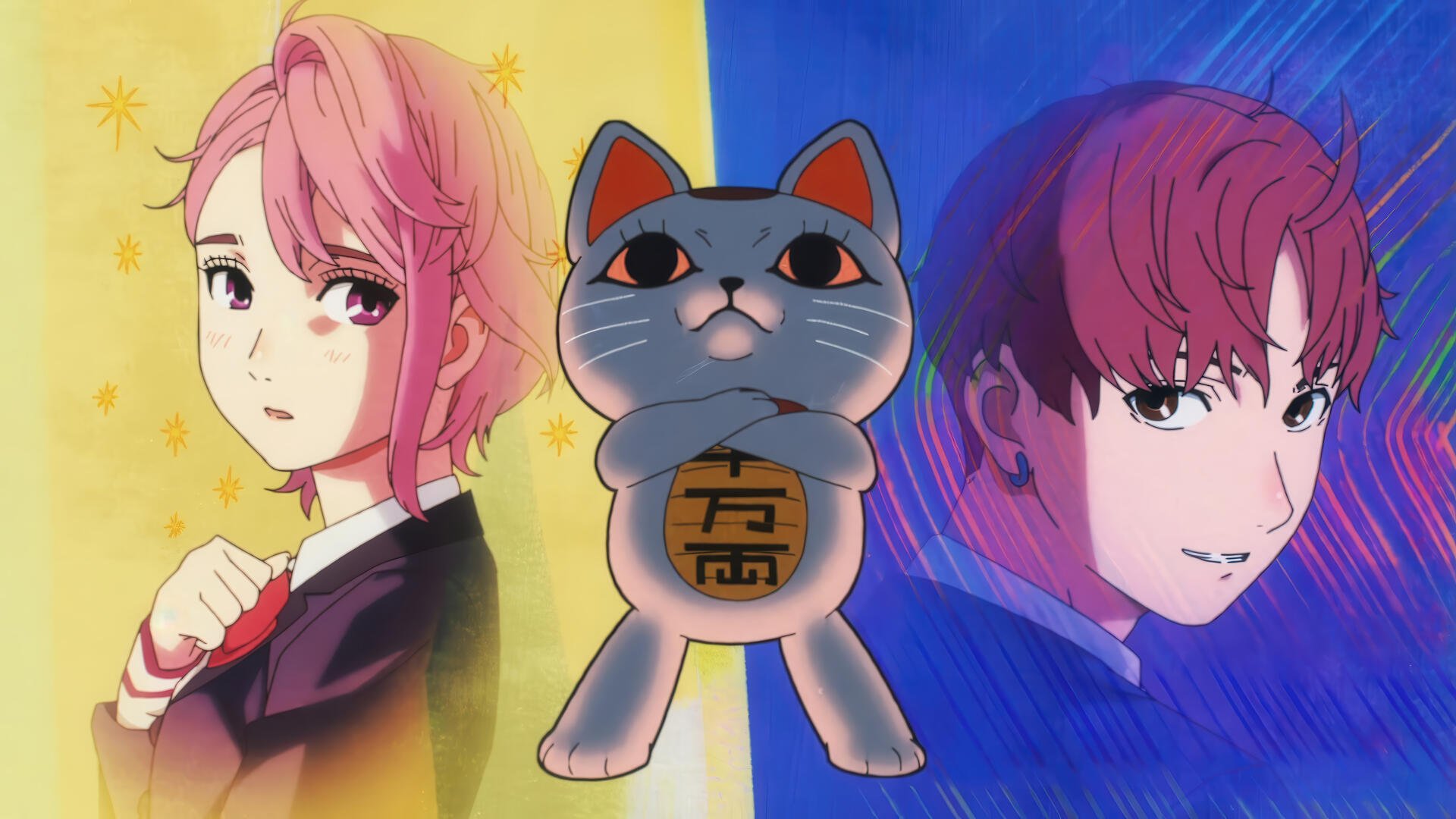 Dandadan anime wallpaper featuring two characters with pink hair and a maneki-neko cat, rendered in vibrant 4K Ultra HD for PC desktop backgrounds.