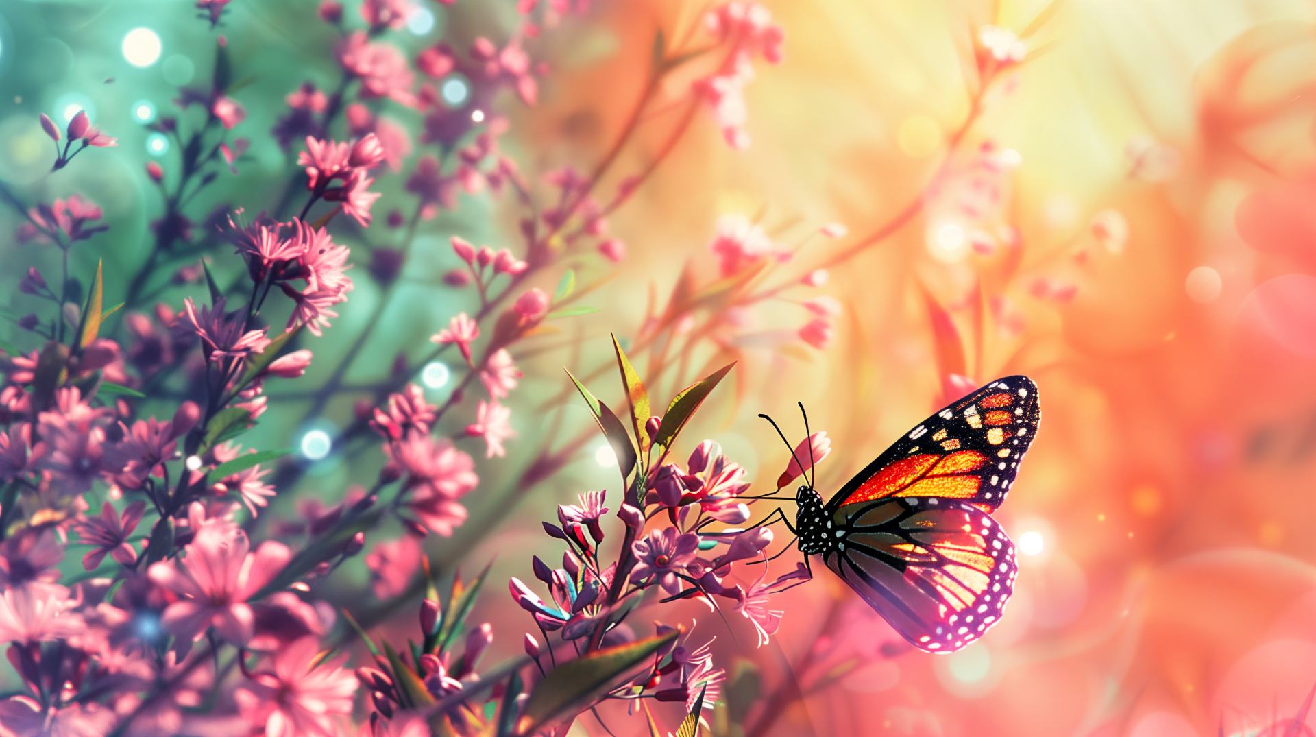 A vibrant butterfly perched among colorful flowers, set against a dreamy, softly blurred background, creating a serene 4K Ultra HD desktop wallpaper and background.