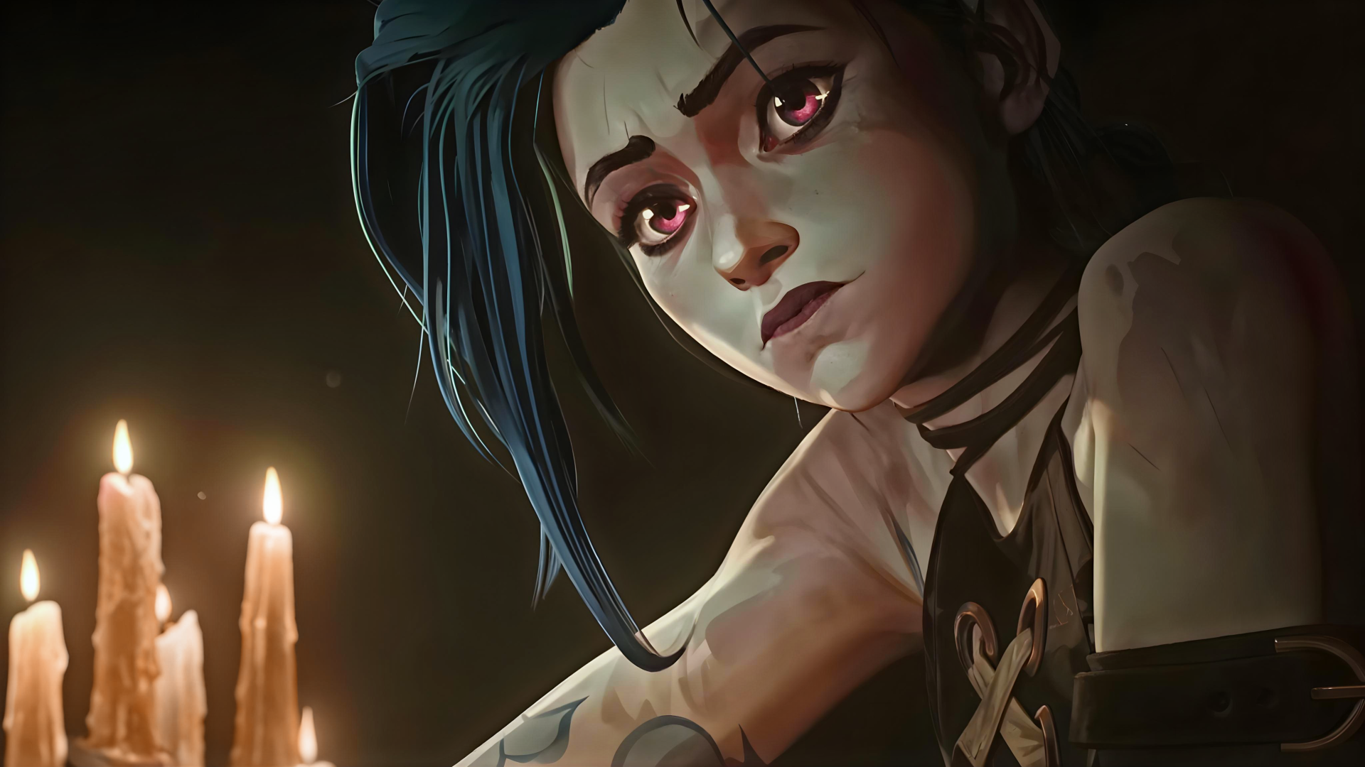 4K Ultra HD PC desktop wallpaper featuring Jinx from League of Legends in anime style, illuminated by candlelight with a dark, moody background.