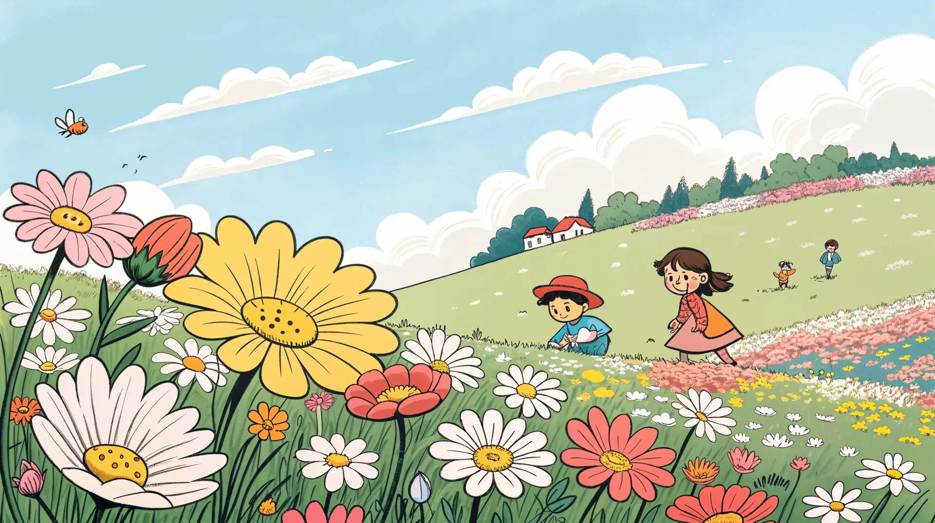 A vibrant field of flowers in full bloom, with children playing amidst daisies and colorful blossoms under a bright sky. Captured as a 4K Ultra HD desktop wallpaper.
