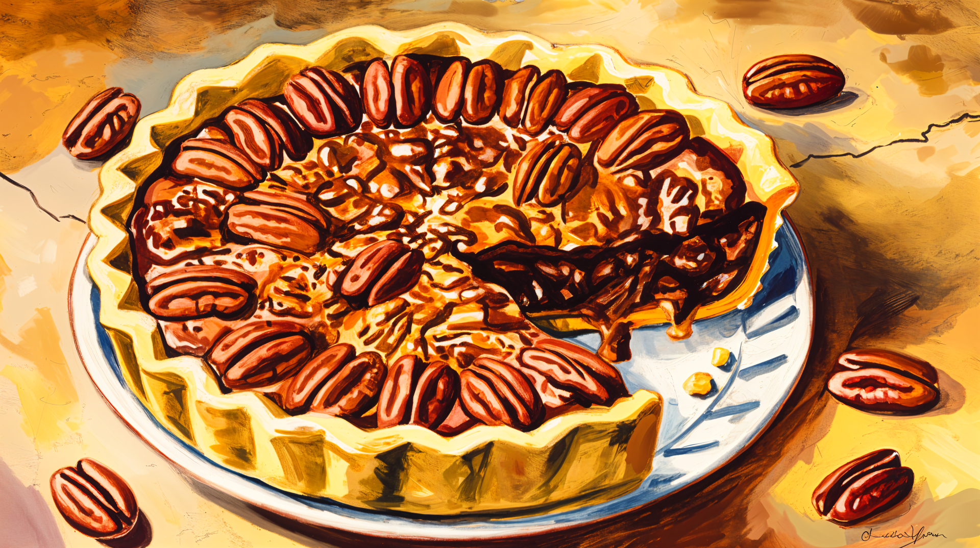 A 4K Ultra HD wallpaper featuring a golden-baked pecan pie topped with whole pecans, showcasing a rich dessert and sweet baked treat on a plate.