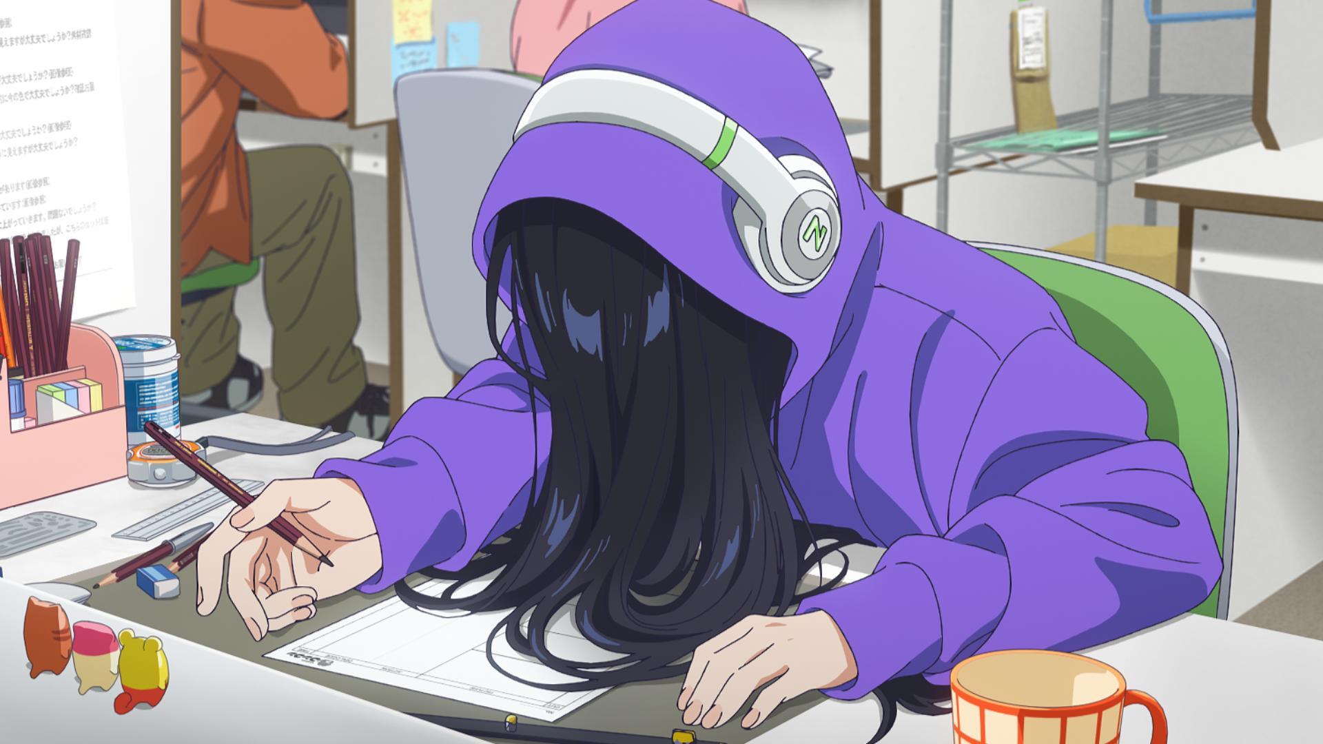 Anime-style HD PC desktop wallpaper featuring a person in a purple hoodie and headphones, immersed in drawing, evoking a calm lofi and Zenshu atmosphere.