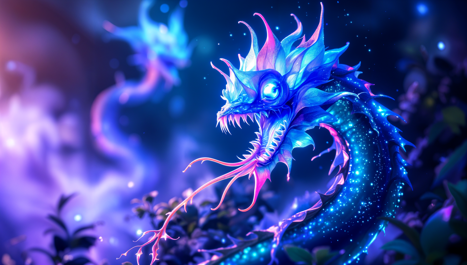 A mesmerizing 4K Ultra HD wallpaper featuring a vibrant dragon-like creature with glowing scales and intricate details, set against a mystical, ethereal background.