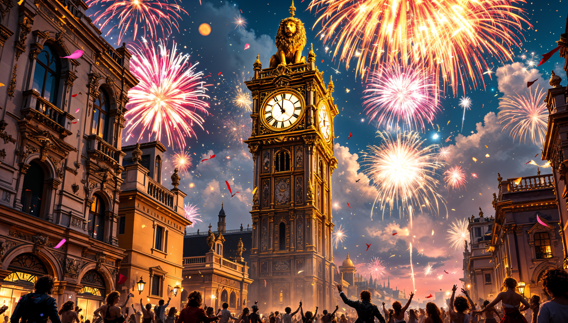 A vibrant New Year countdown scene featuring a clock tower surrounded by colorful fireworks and a cheering crowd, captured in stunning 4K Ultra HD quality.