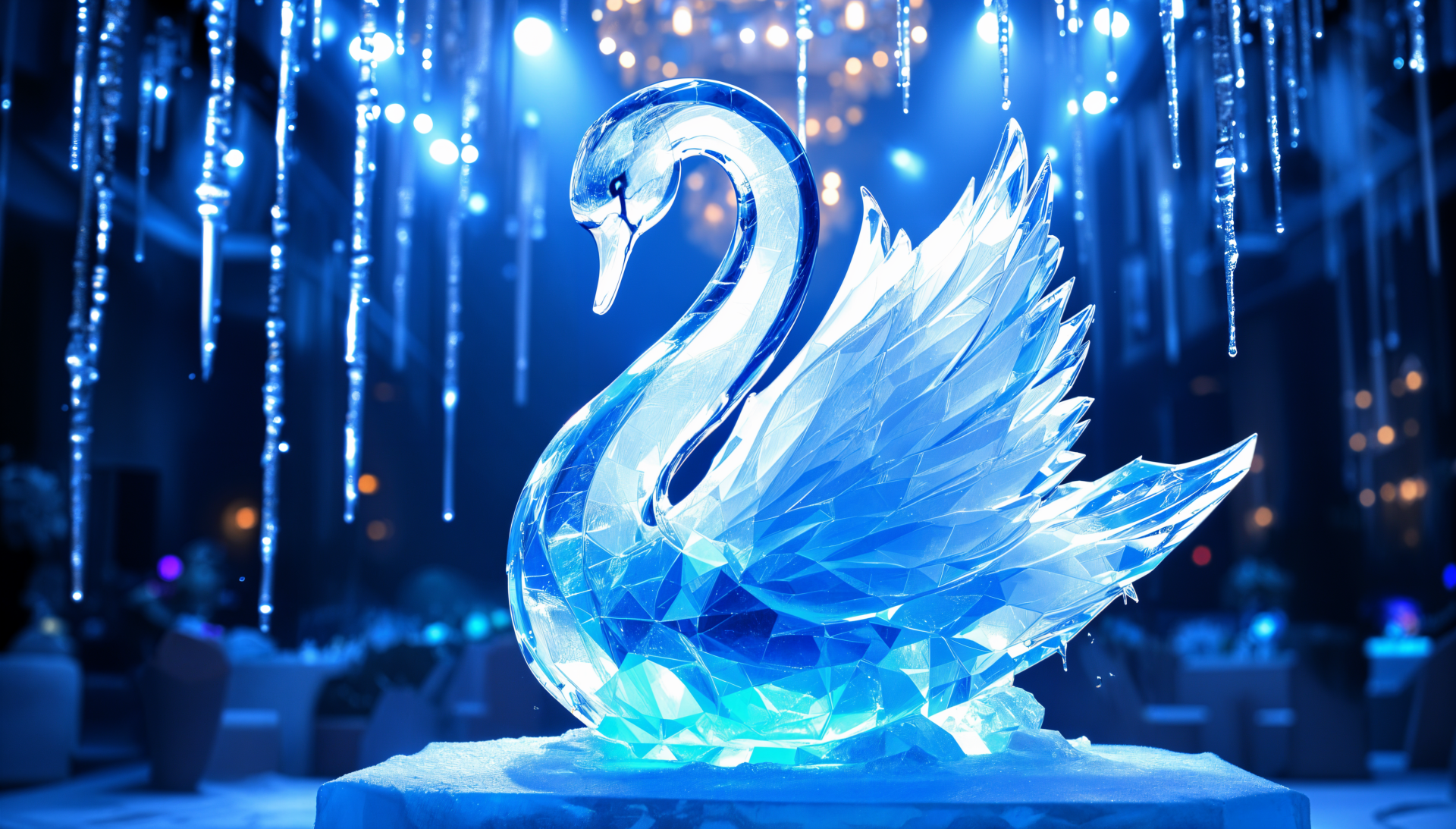 A stunning ice sculpture of a swan, intricately detailed, illuminated by blue lights, serving as an elegant backdrop in a luxurious setting. Ideal as a 4K Ultra HD desktop wallpaper.