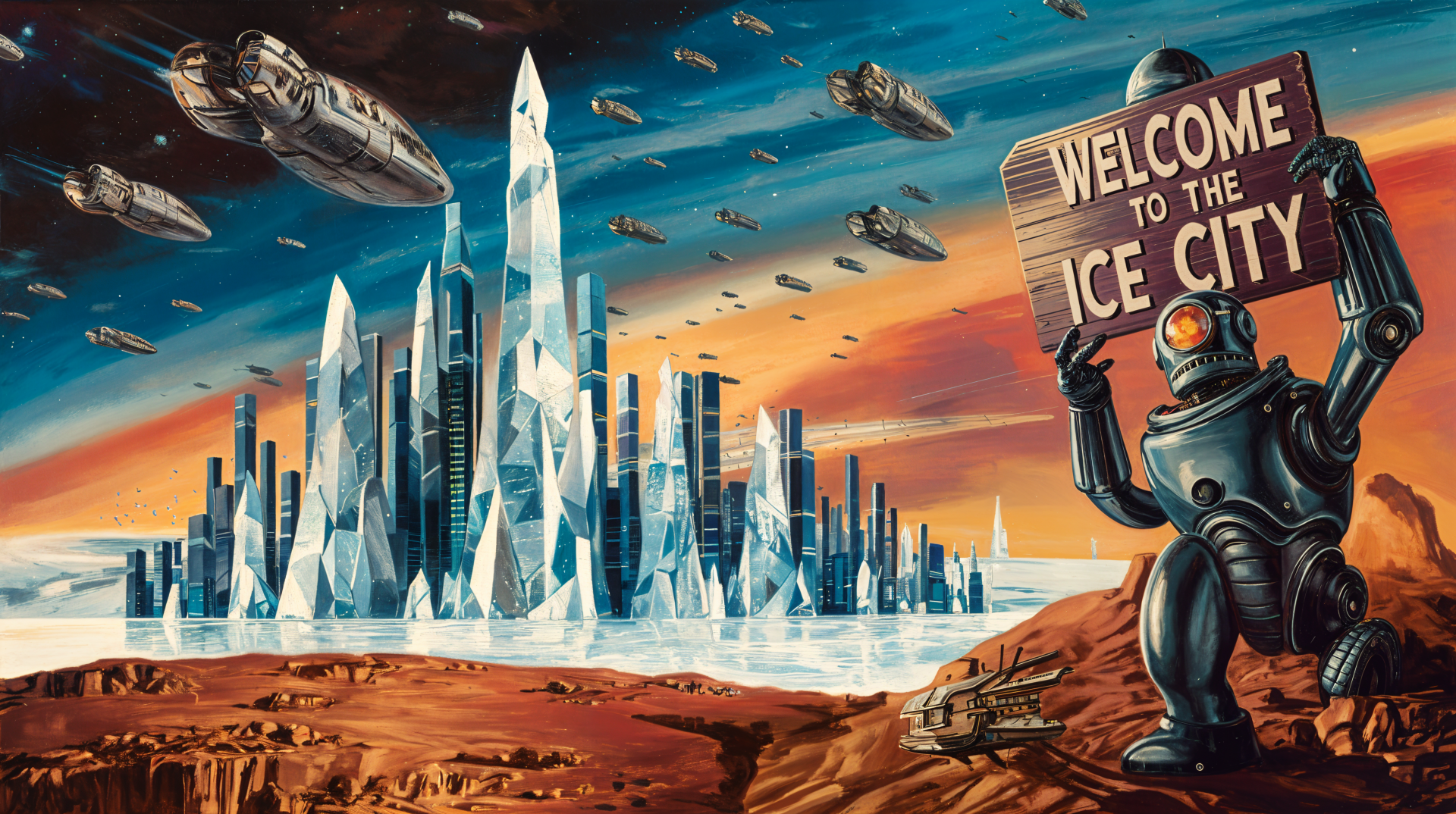 A vibrant ice sculpture landscape with towering icy spires and a robot holding a sign that reads Welcome to the Ice City, set against a dramatic sky and flying ships. 4K Ultra HD wallpaper.