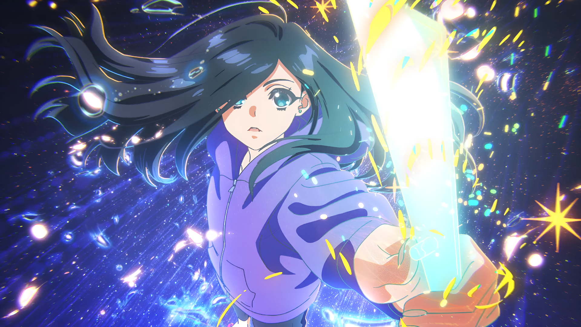 Anime-style 4K Ultra HD PC wallpaper featuring a dynamic character with flowing dark hair wielding a glowing sword, illustrated by Natsuko Hirose for Zenshu.