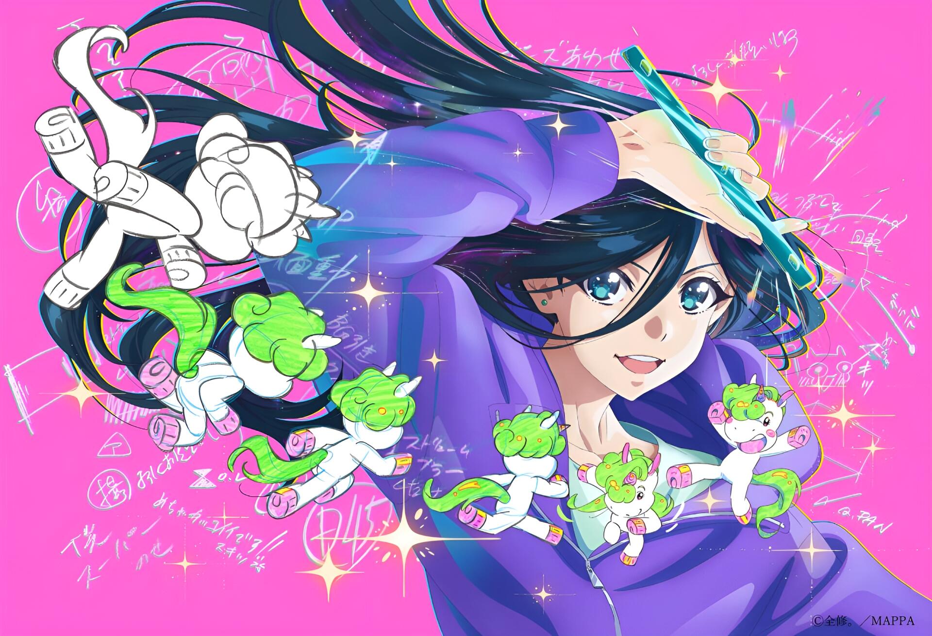 Anime-style HD PC desktop wallpaper by Zenshu featuring vibrant characters by Natsuko Hirose and Unio, set against a bright pink background with playful green creatures.