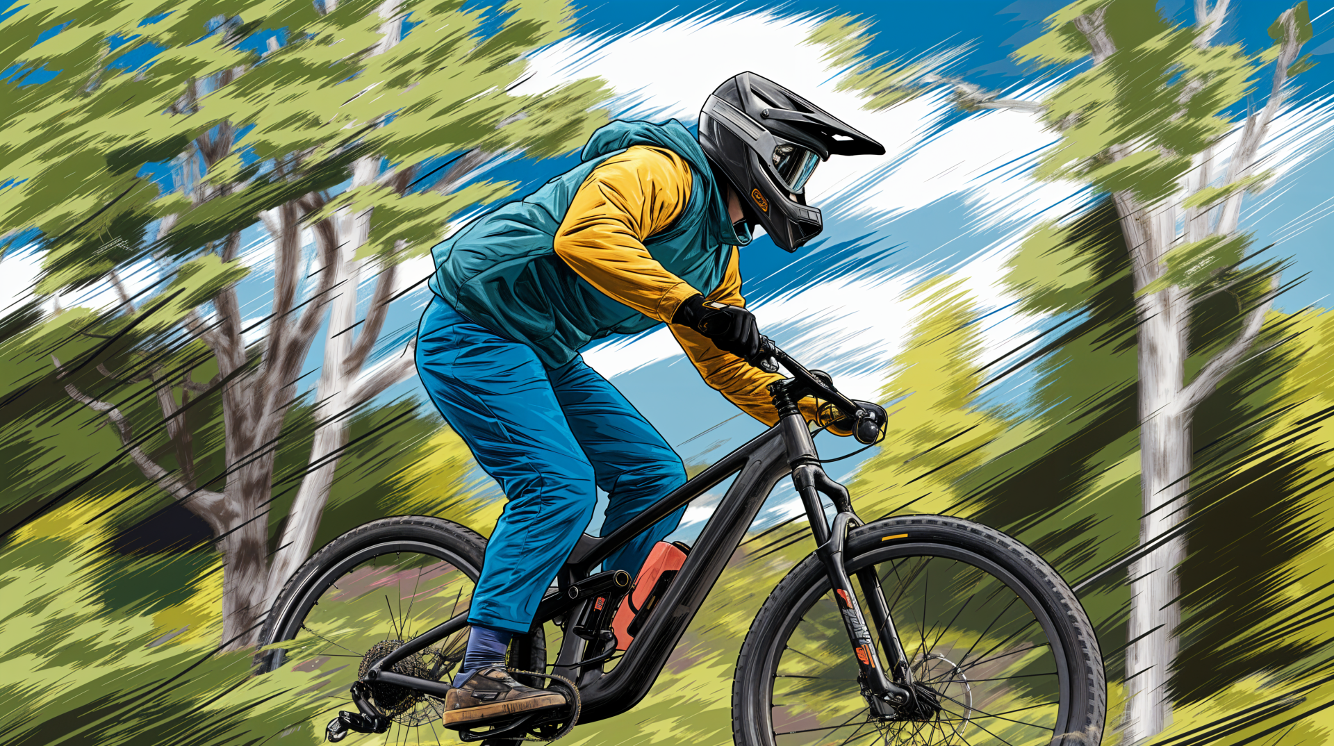 A mountain biker in full gear rides through a forest trail, captured in dynamic motion for a vibrant 4K Ultra HD cycling sports desktop wallpaper.