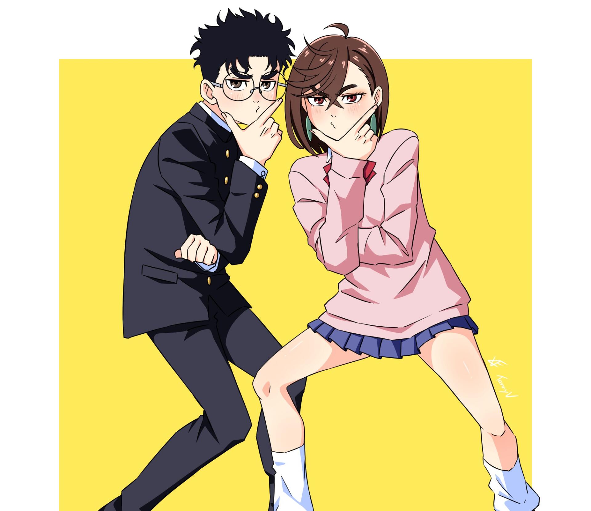 HD anime wallpaper featuring Ken Takakura and Momo Ayase from Dandadan striking dynamic poses against a bright yellow background.