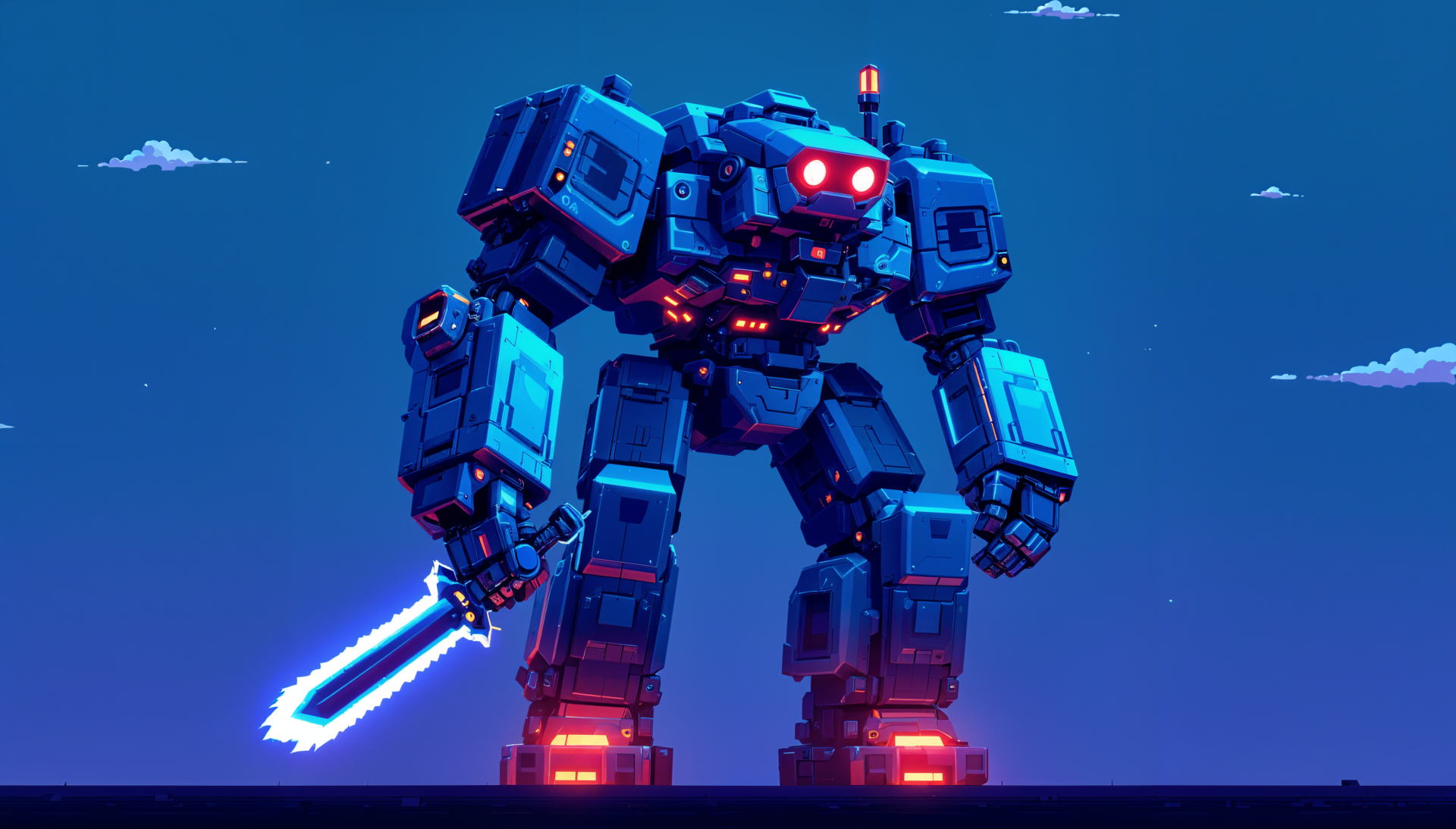 A giant mech stands firmly against a twilight backdrop, illuminated by vibrant lights, wielding a glowing sword. This stunning image serves as a 4K Ultra HD PC desktop wallpaper.