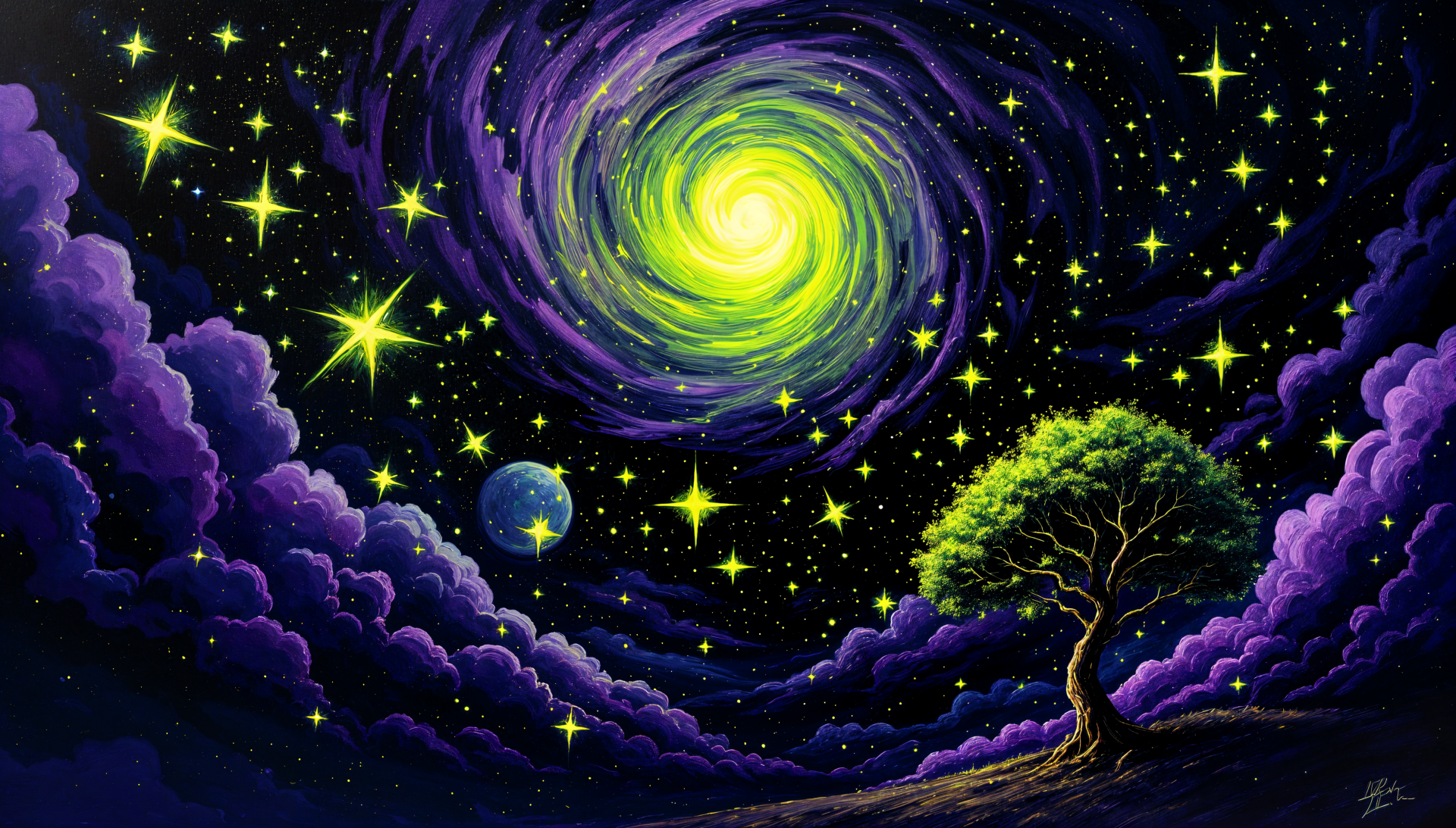 A vibrant, starry night scene featuring a swirling galaxy, sparkling stars, a serene tree silhouette, and a distant planet, designed as a 4K Ultra HD desktop wallpaper.