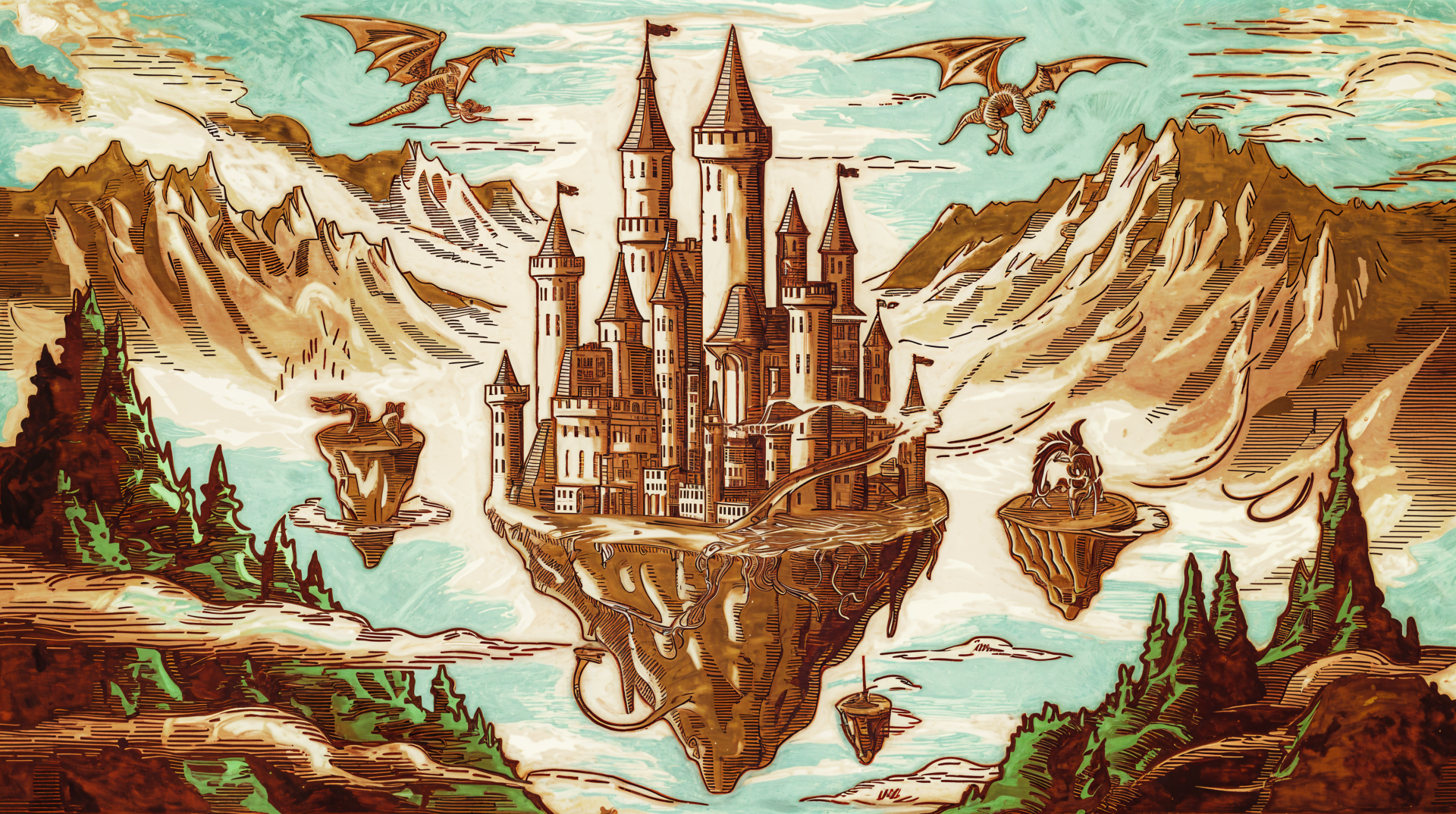 A detailed 4K Ultra HD fantasy scene featuring a majestic flying castle atop a floating island, surrounded by dragons soaring over mountainous terrain.