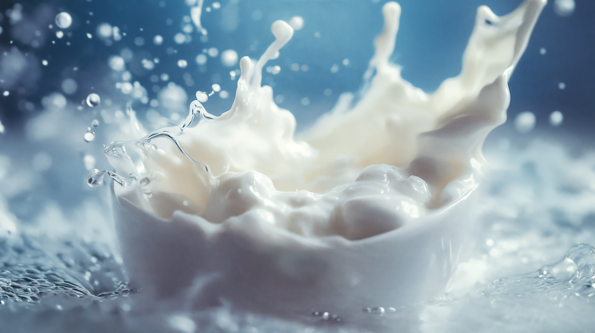 A dynamic splash of kefir in a white bowl, set against a blurred blue background, captured in stunning 4K Ultra HD quality.