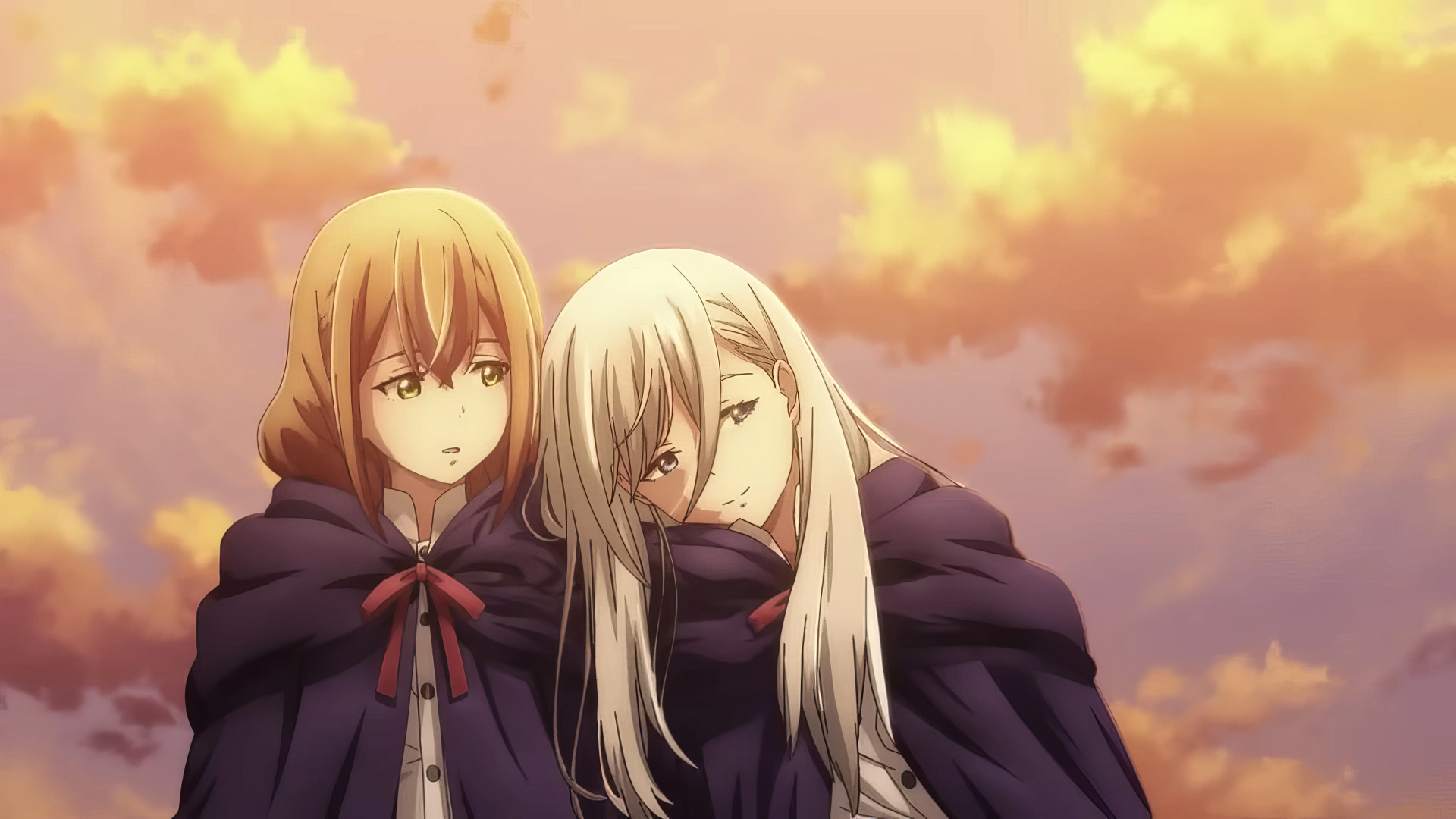 A beautifully rendered HD anime wallpaper featuring two characters from Ishura, standing closely together against a warm, sunset backdrop.