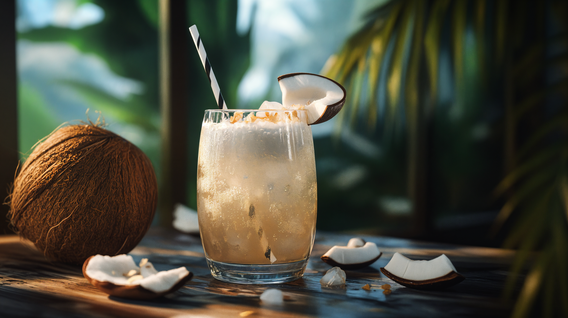 A refreshing glass of coconut water sits on a table, surrounded by coconut pieces and a whole coconut, with tropical greenery blurred in the background. 4K Ultra HD quality.