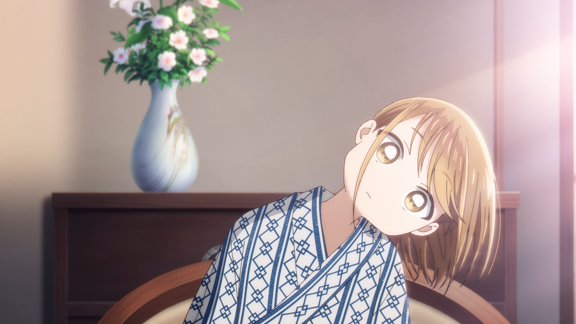 Anime HD desktop wallpaper featuring Chinatsu Kano from Blue Box, depicted in a patterned yukata, with soft lighting and a vase of flowers in the background.