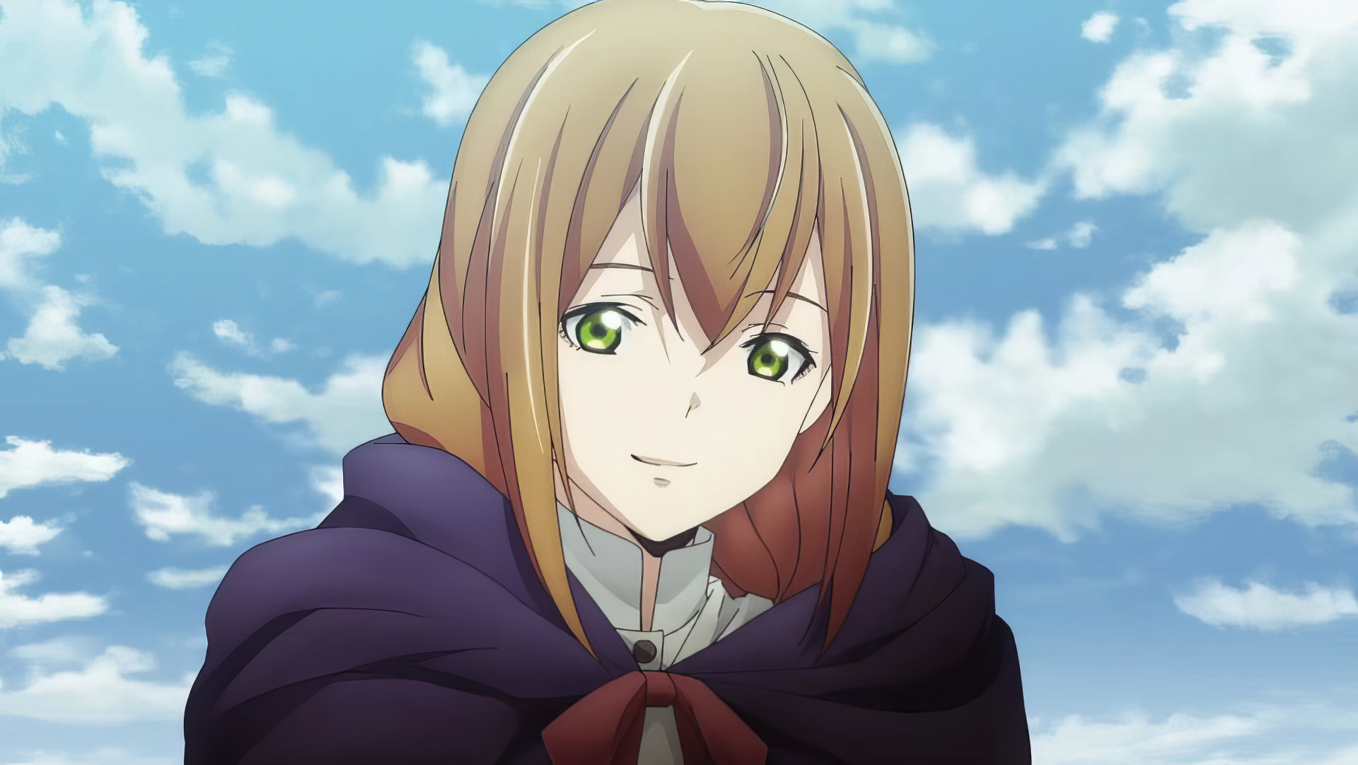 A serene anime character from Ishura smiles against a bright sky, making this HD desktop wallpaper an engaging background choice for fans of the genre.