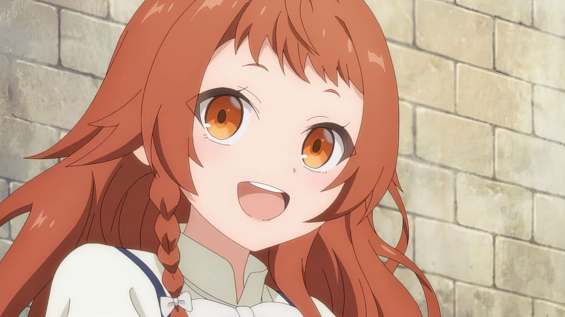 A cheerful character with orange hair and bright eyes smiles against a stone wall backdrop. From the anime Magic Maker: Isekai Mahou no Tsukurikata, this HD wallpaper adds vibrant charm.