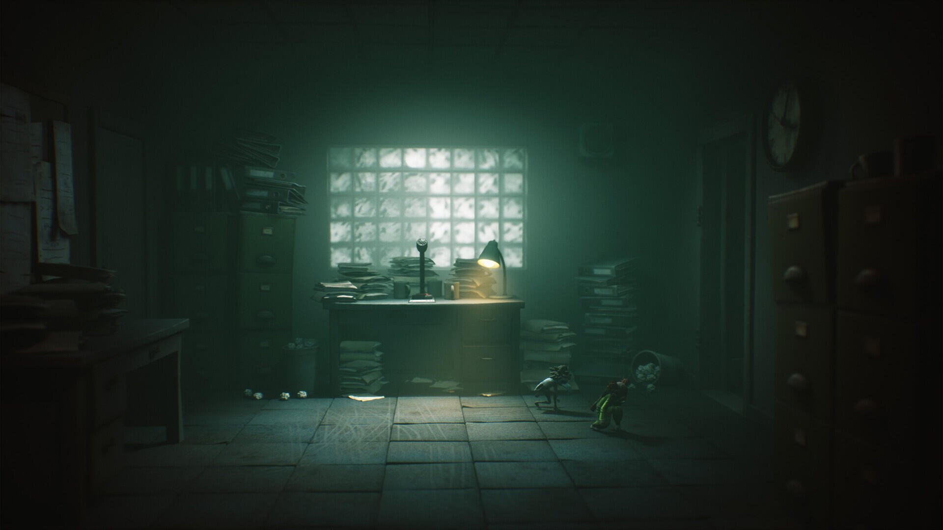 HD PC desktop wallpaper featuring a dark, eerie room from the video game Little Nightmares III, illuminated by soft light through a window.