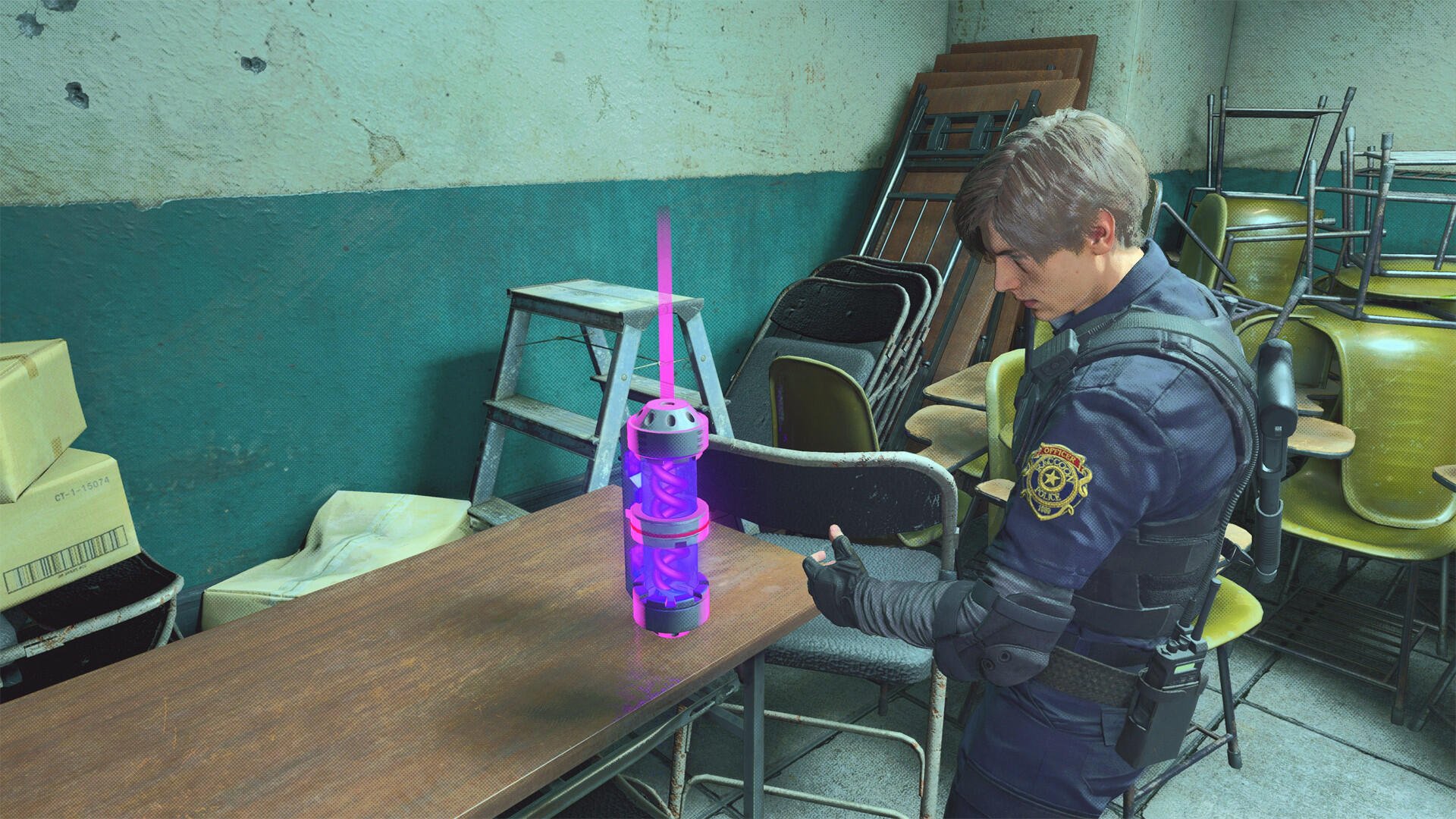 A character from Resident Evil Re:Verse interacts with a glowing purple device in a dimly lit room filled with chairs and a table, creating an engaging video game scene.