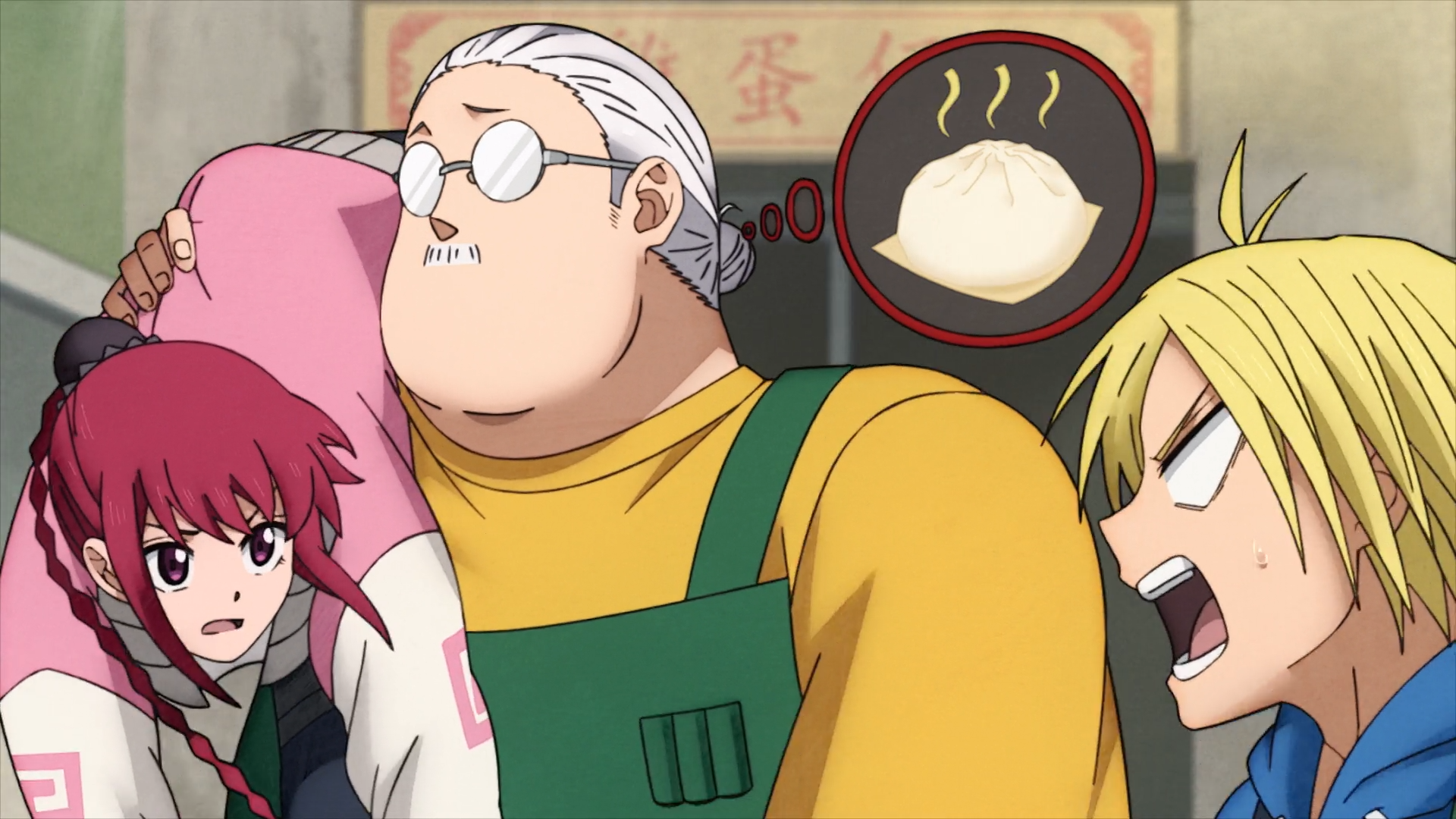 HD anime wallpaper from Sakamoto Days featuring characters Lu Xiaotang, Taro Sakamoto, and Shin in a lively, colorful scene.