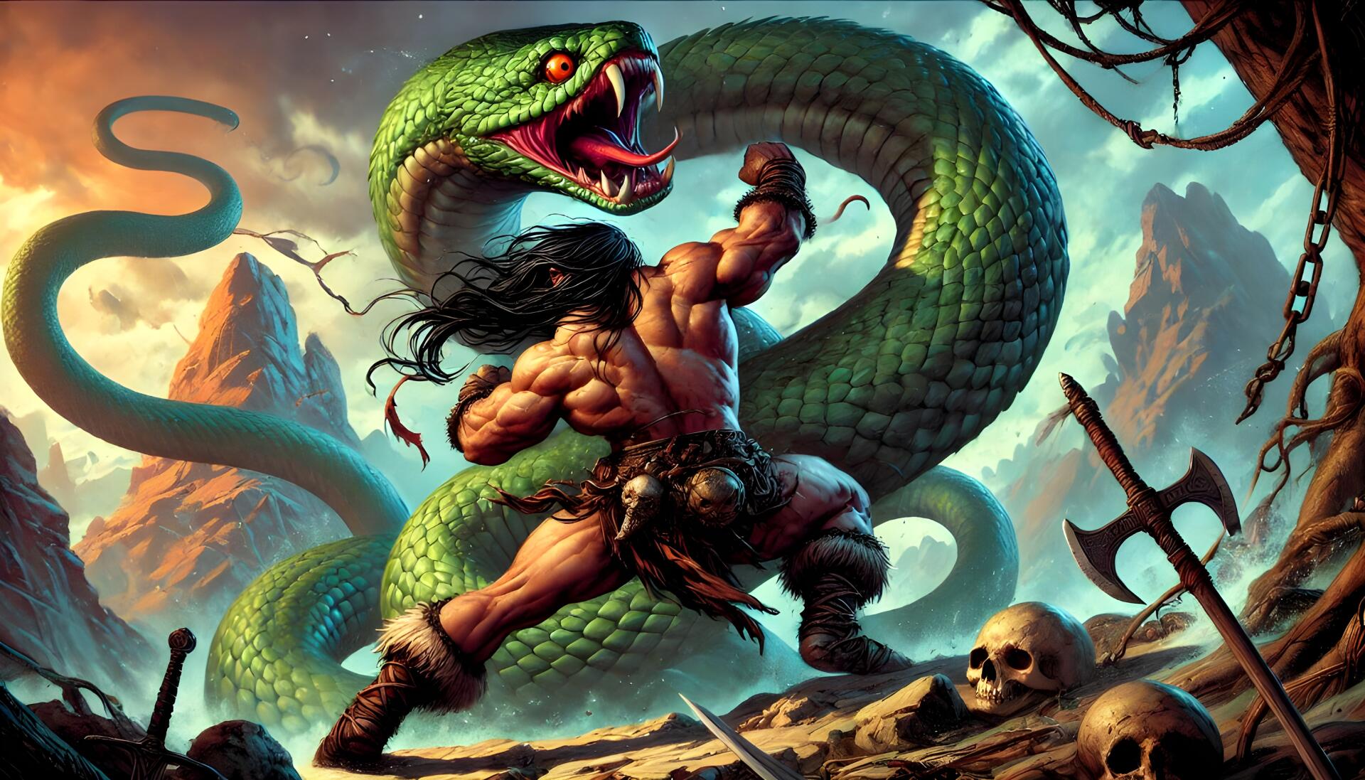 Barbarian vs Serpent by Sarima