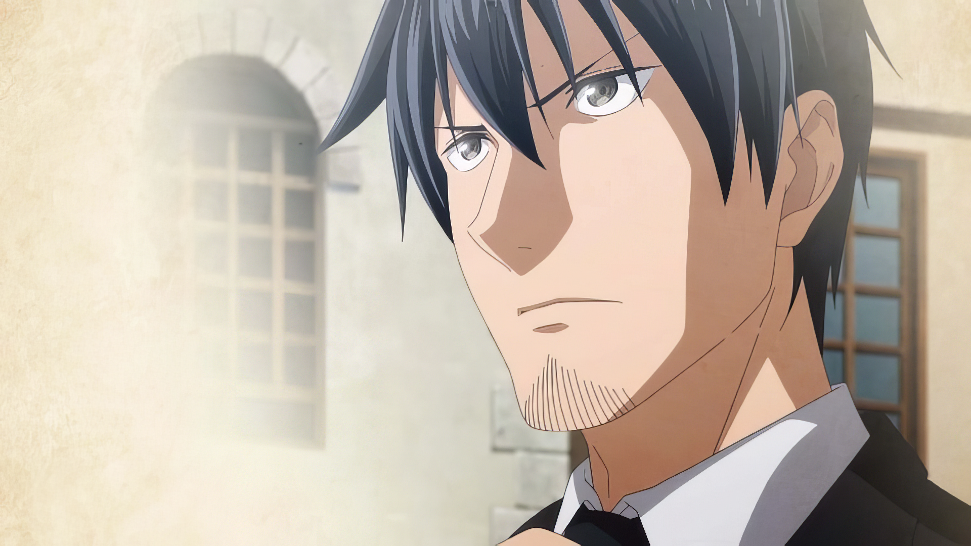 An anime character from Headhunted to Another World stands in a thoughtful pose, dressed in formal attire. This HD wallpaper captures a moment of intensity and contemplation.