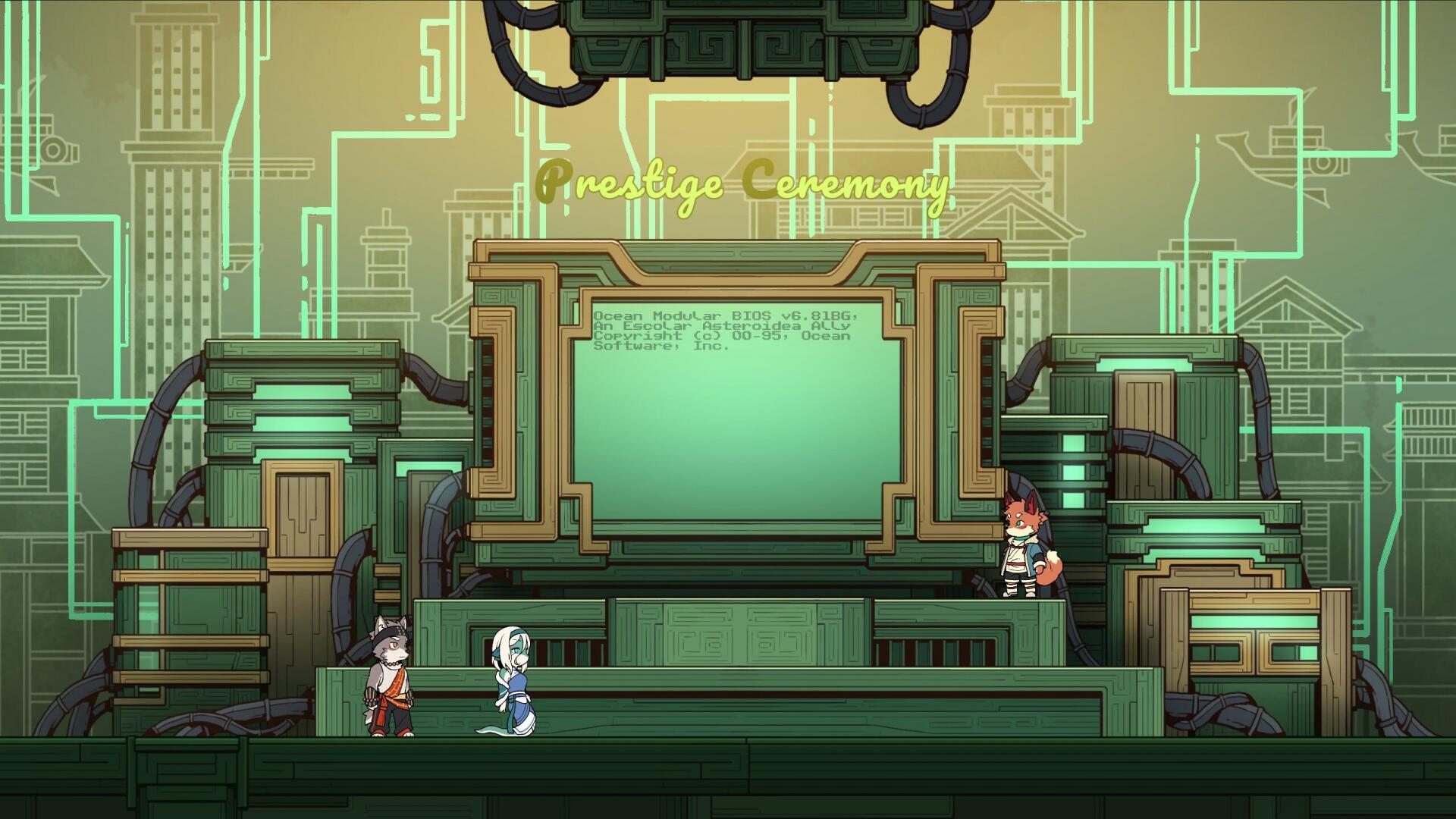 A vibrant HD wallpaper from Threefold Recital displays a stylized stage with characters interacting against a tech-inspired background featuring green tones and digital motifs.