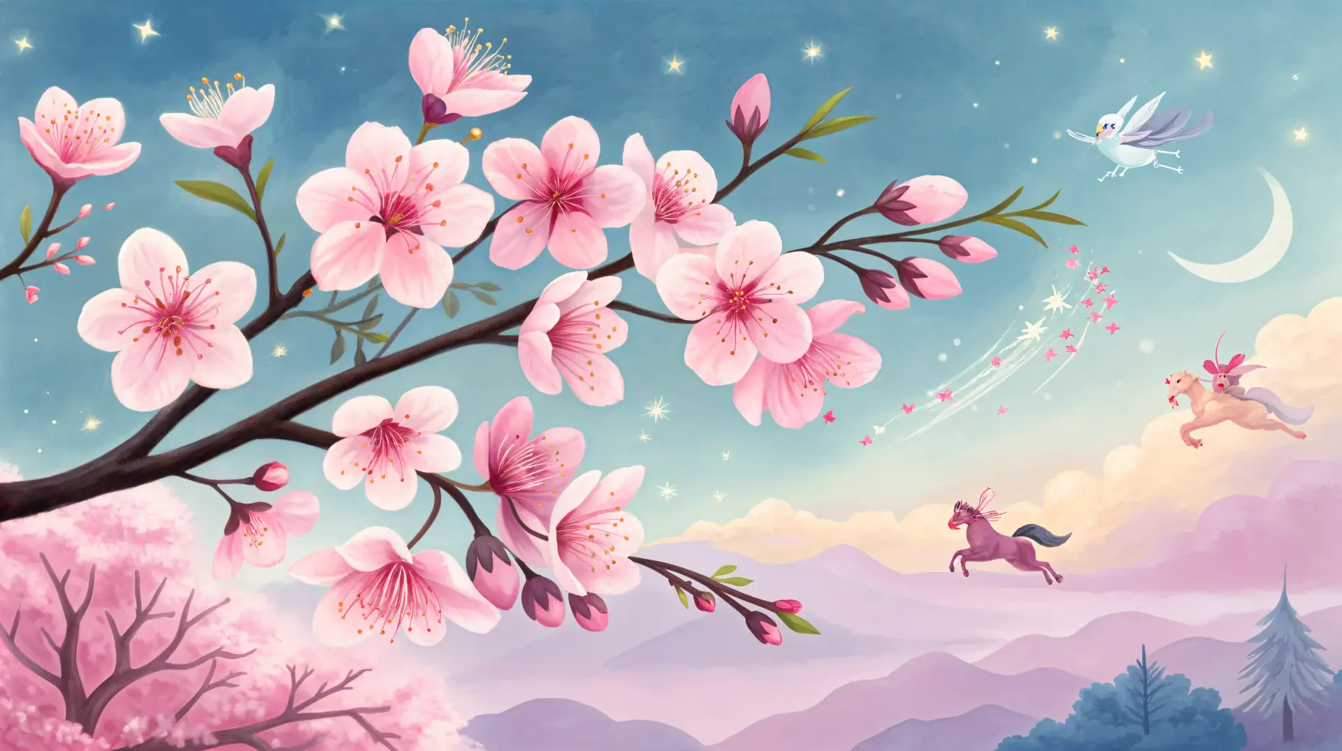 A vibrant 4K Ultra HD desktop wallpaper featuring delicate sakura blossoms against a dreamy landscape, with whimsical elements like unicorns and fairies in a serene atmosphere.