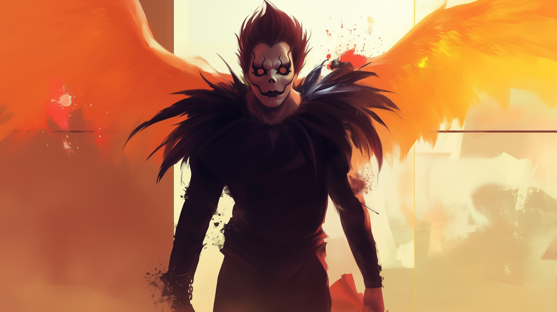 High-definition anime wallpaper featuring Ryuk from Death Note, depicted with striking black feathers and vibrant orange wings, exuding a captivating and ominous presence.