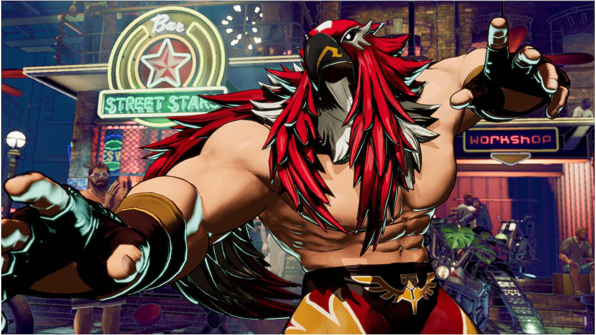A vibrant HD wallpaper featuring a powerful character from the video game Fatal Fury: City of the Wolves, showcasing dynamic action against a colorful urban backdrop.