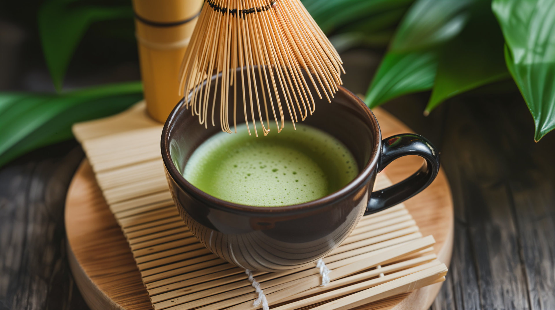 A close-up of a bamboo whisk frothing vibrant green matcha tea in a dark cup, set on a bamboo mat with lush green leaves in the background, captured in 4K Ultra HD.