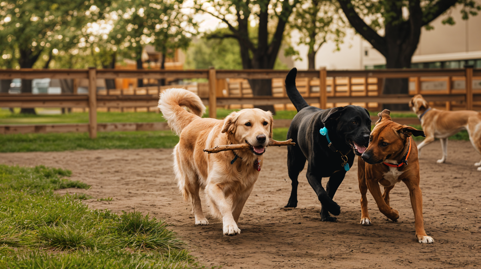 A vibrant dog park scene featuring a golden retriever, a black dog, and a brown dog joyfully playing together, captured in stunning 4K Ultra HD for a lively desktop wallpaper.