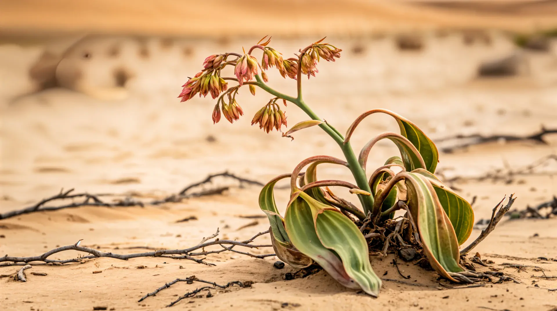 A flowering succulent desert plant grows in sandy soil, captured in sharp 4K Ultra HD detail as a nature desktop wallpaper background.