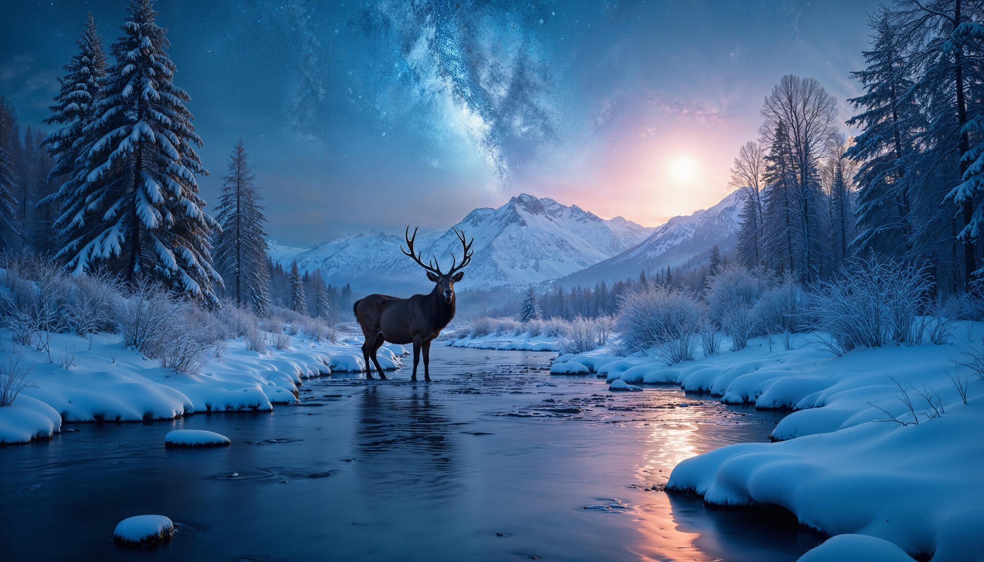 4K Ultra HD PC desktop wallpaper and background: winter landscape with a lone deer standing in an icy stream beneath a starry sky and snow-capped mountains.