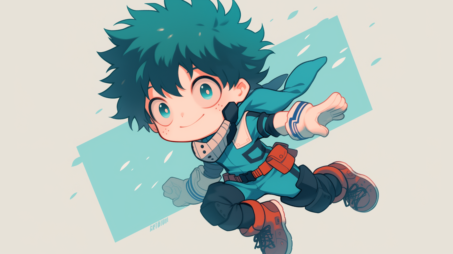 Chibi-style Izuku Midoriya from My Hero Academia in a dynamic pose, featured in a vibrant HD anime desktop wallpaper.