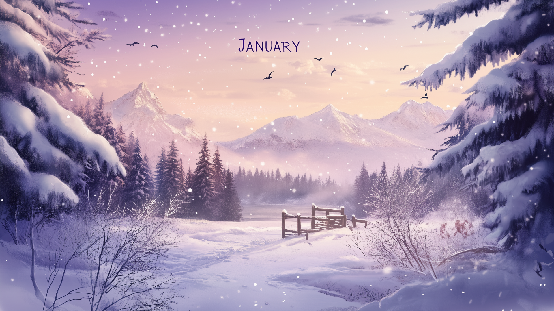 A serene January landscape features a snow-covered scene with mountains in the background, evergreen trees, and softly falling snow, creating a tranquil winter atmosphere.