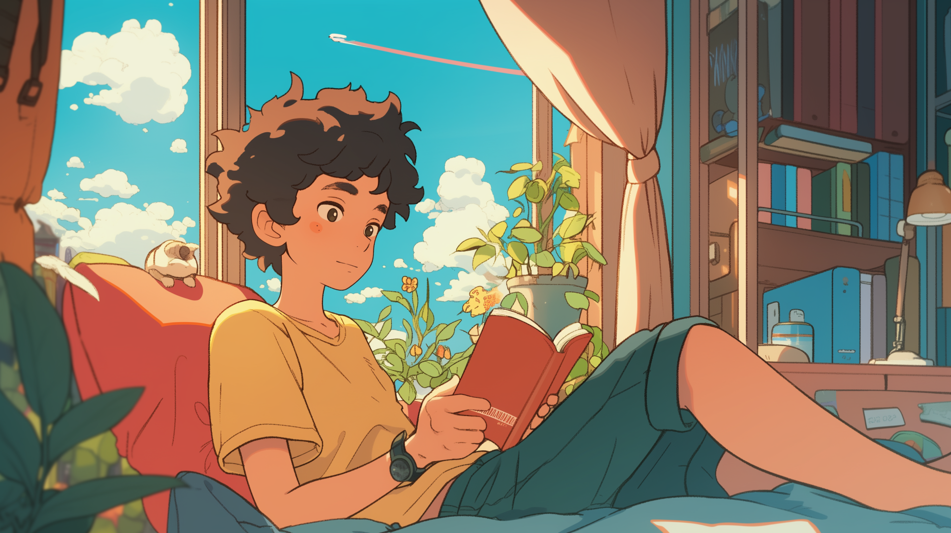 Anime-style HD desktop wallpaper featuring a relaxed character reading by a sunlit window, capturing a warm Studio Ghibli-inspired lofi atmosphere.